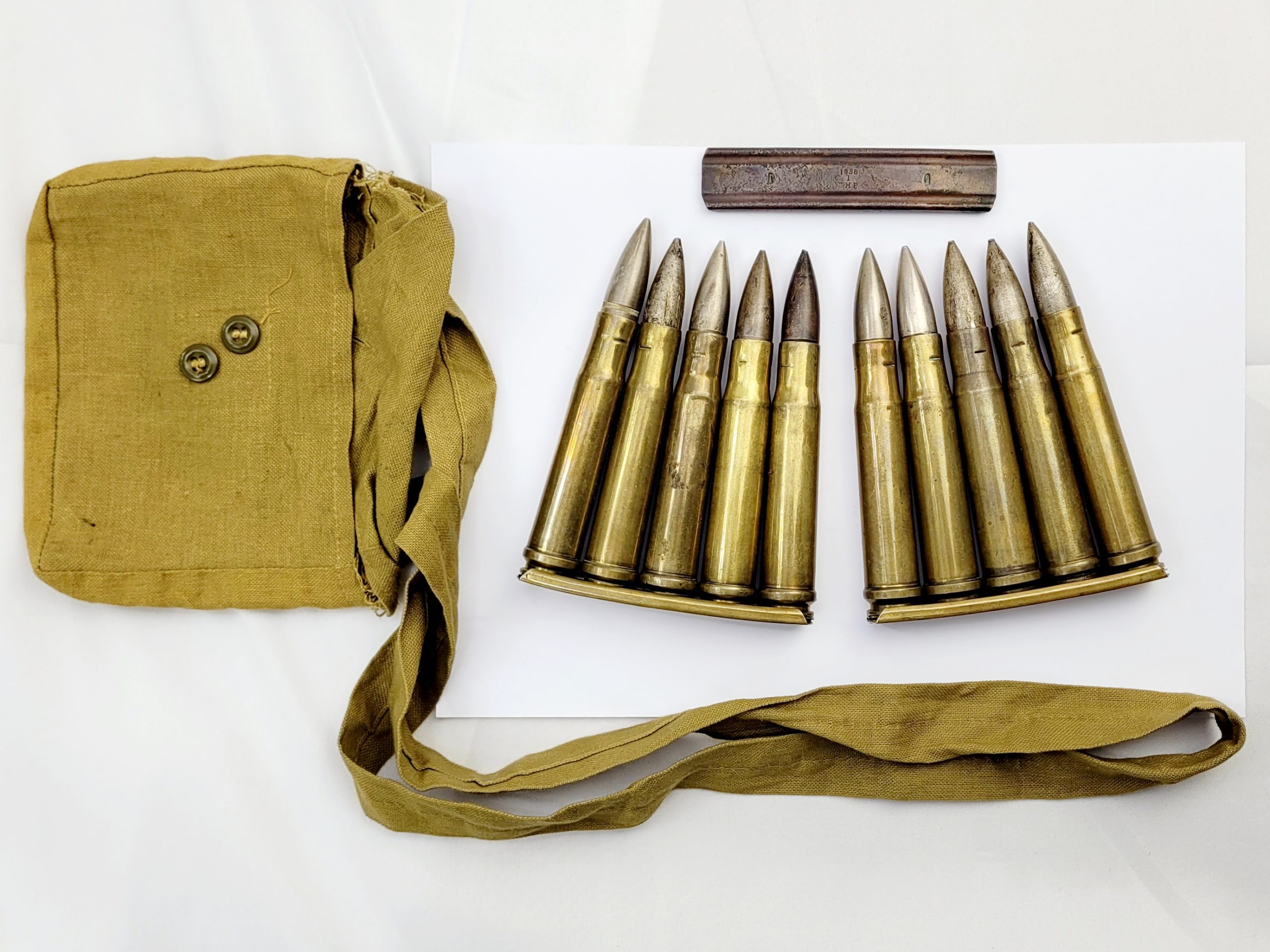 WW2 Era Two Clips of Five Anti Tank Rifle Rounds .55 Boys with Original Pouch and Spare Stripper Clip