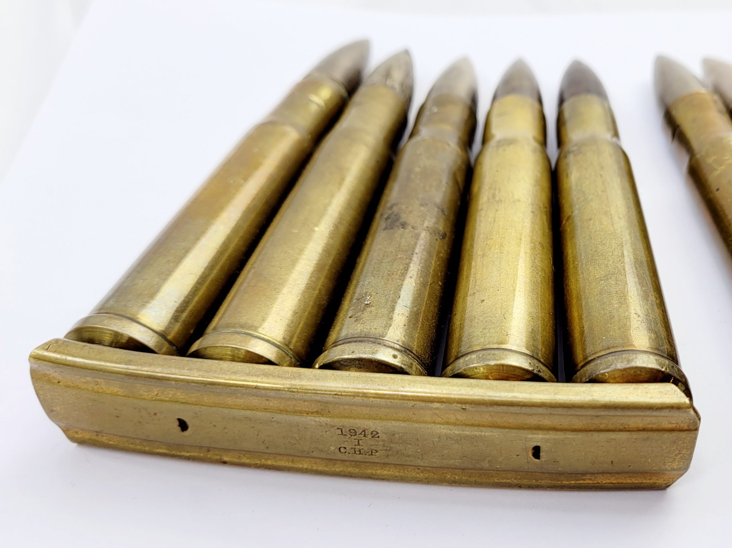 WW2 Era Two Clips of Five Anti Tank Rifle Rounds .55 Boys with Original Pouch and Spare Stripper Clip - Image 3
