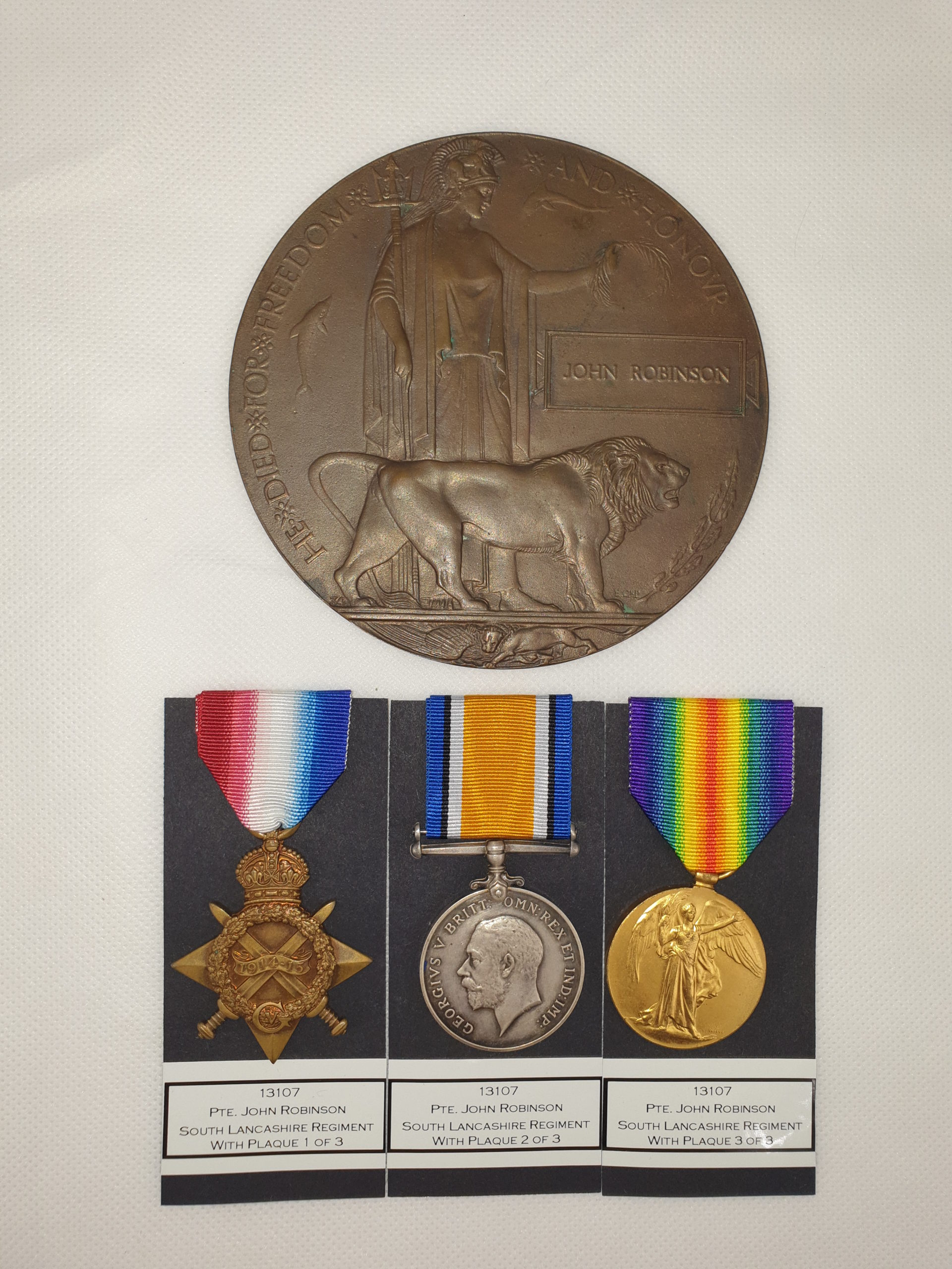 WW1 13107 Pte John Robinson South Lancashire Reg Casualty Trio & Death Penny