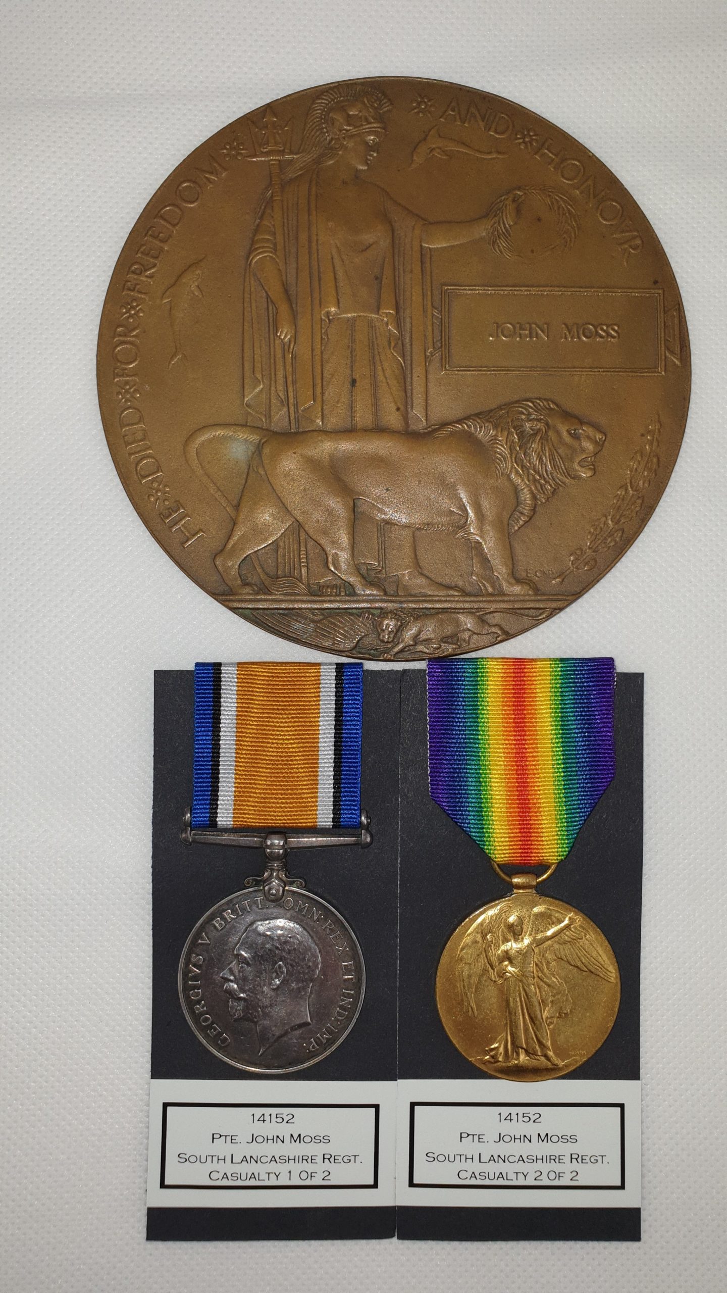 14152 Pte John Moss South Lancashire Reg Casualty WW1 Medal Pair And Death Penny