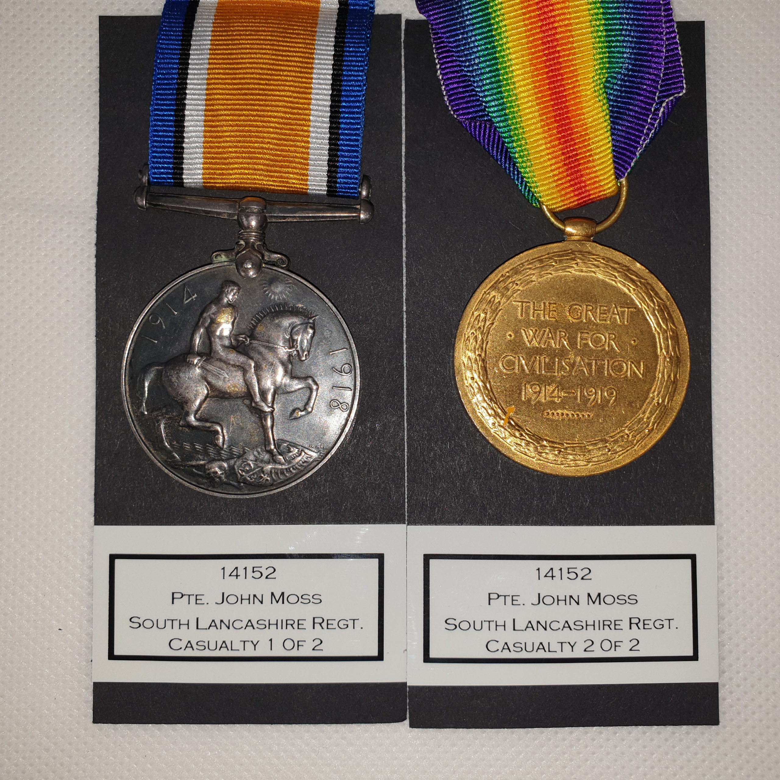 14152 Pte John Moss South Lancashire Reg Casualty WW1 Medal Pair And Death Penny - Image 2