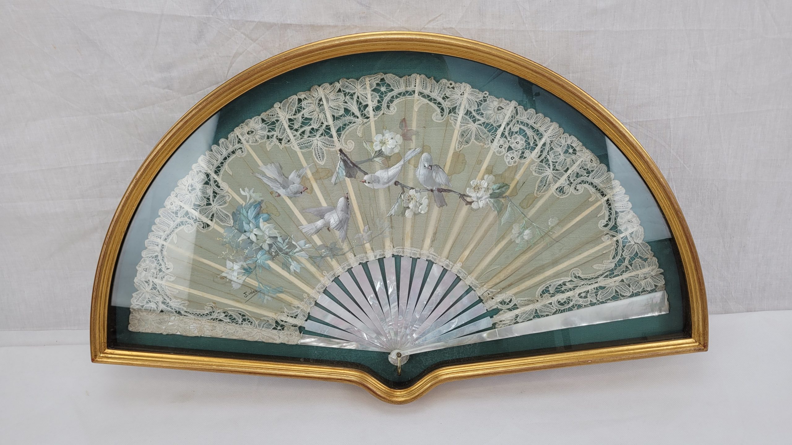 Framed French Artist Eugene Jules Eudes Mother Of Pearl And Lace Fan