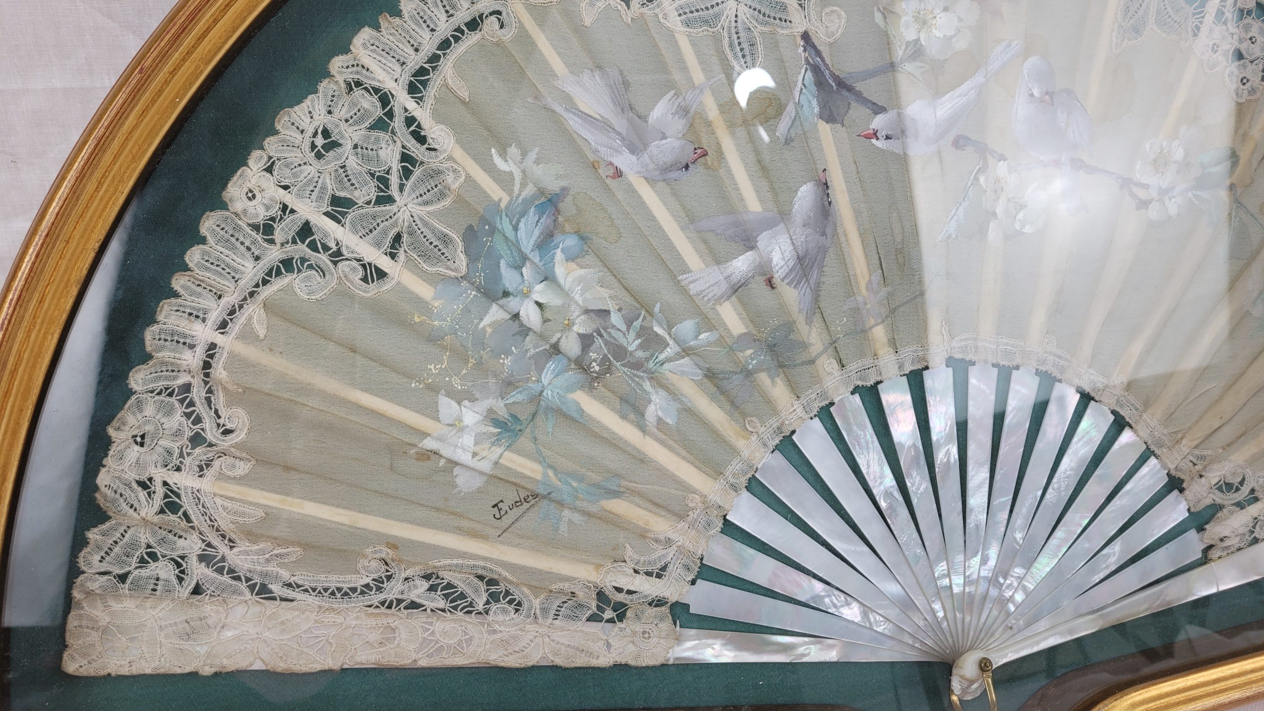 Framed French Artist Eugene Jules Eudes Mother Of Pearl And Lace Fan - Image 7