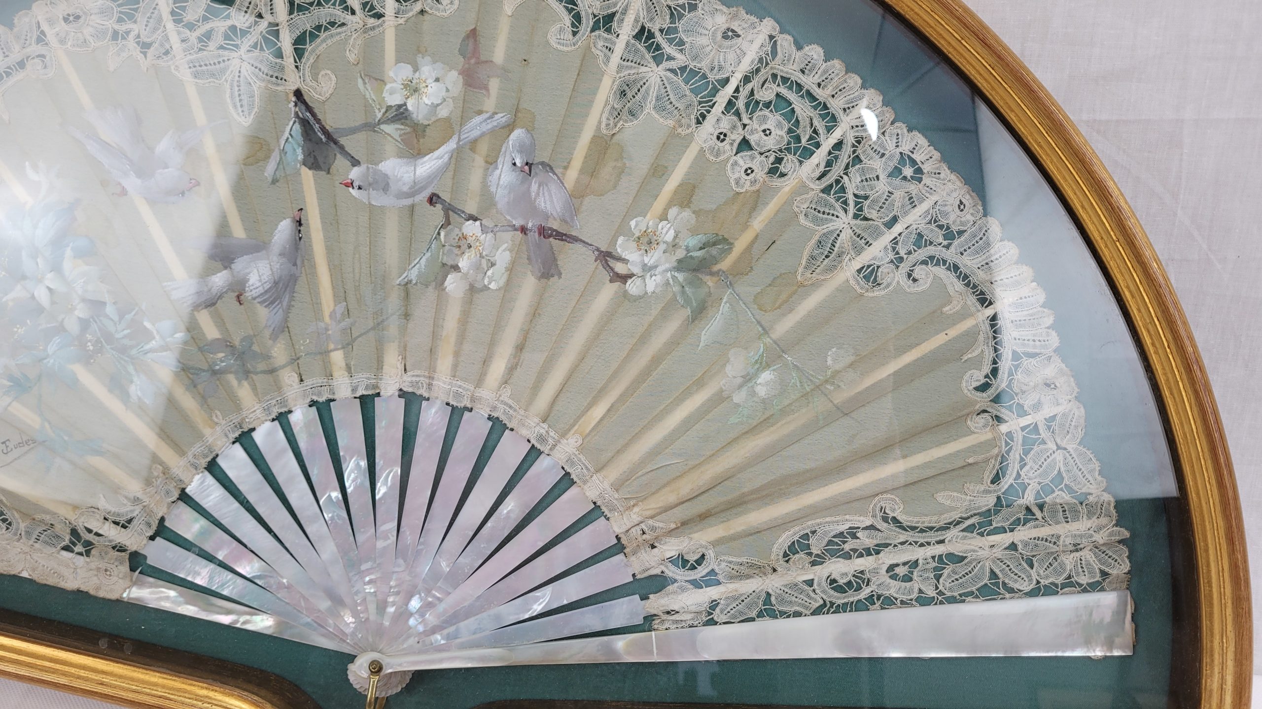 Framed French Artist Eugene Jules Eudes Mother Of Pearl And Lace Fan - Image 4