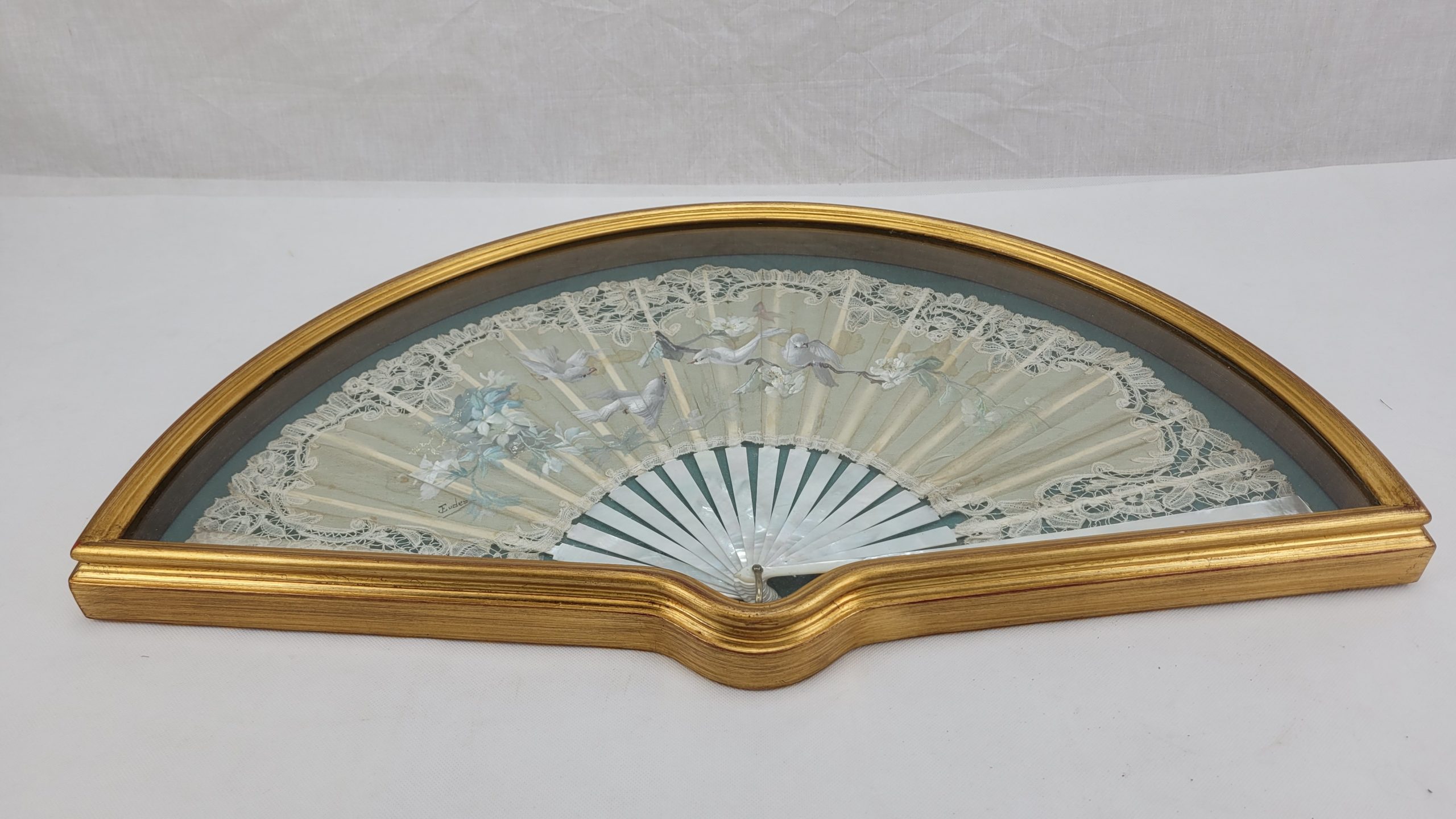 Framed French Artist Eugene Jules Eudes Mother Of Pearl And Lace Fan - Image 3