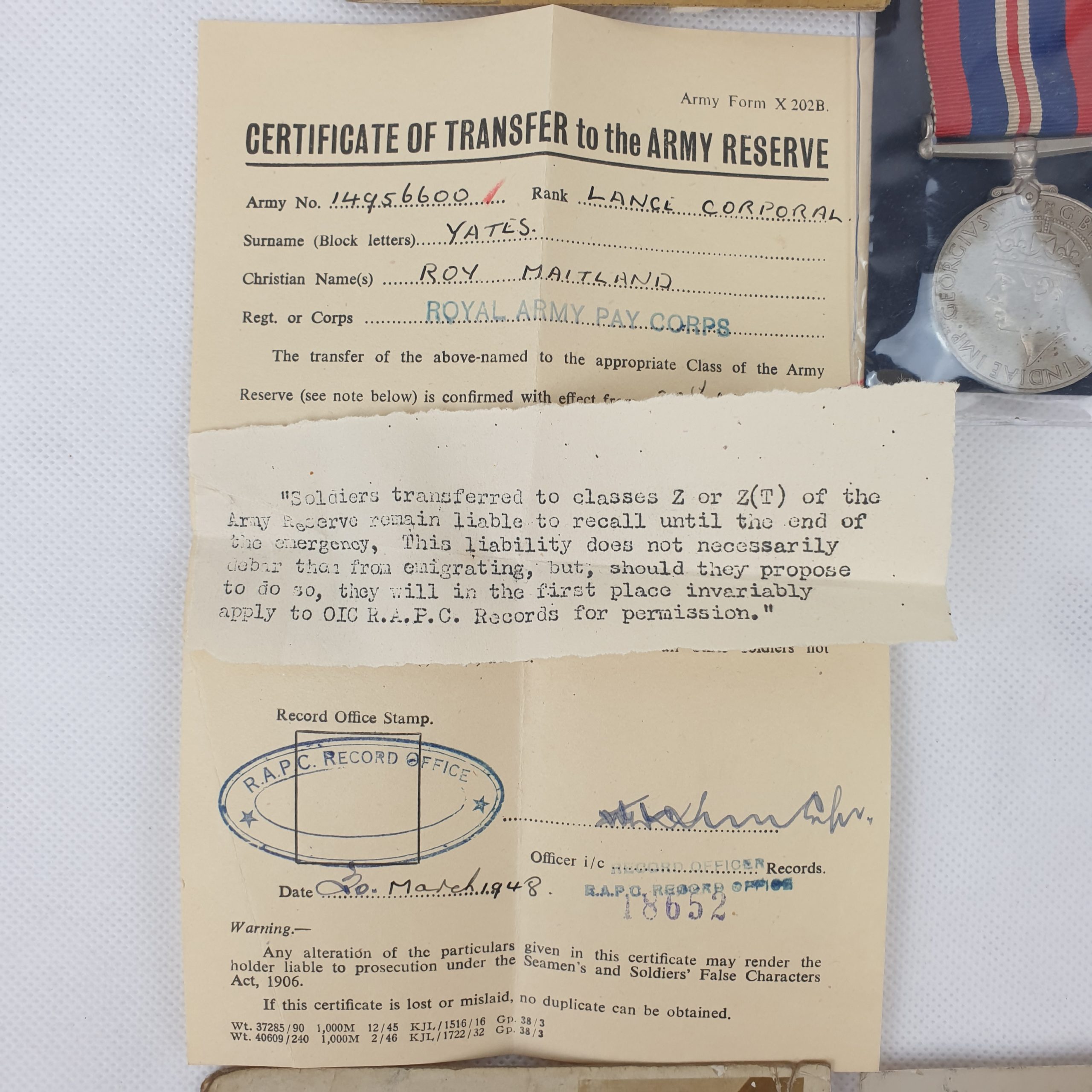 Private Roy Yates WW2 War Medal Plus Service Book - Image 7