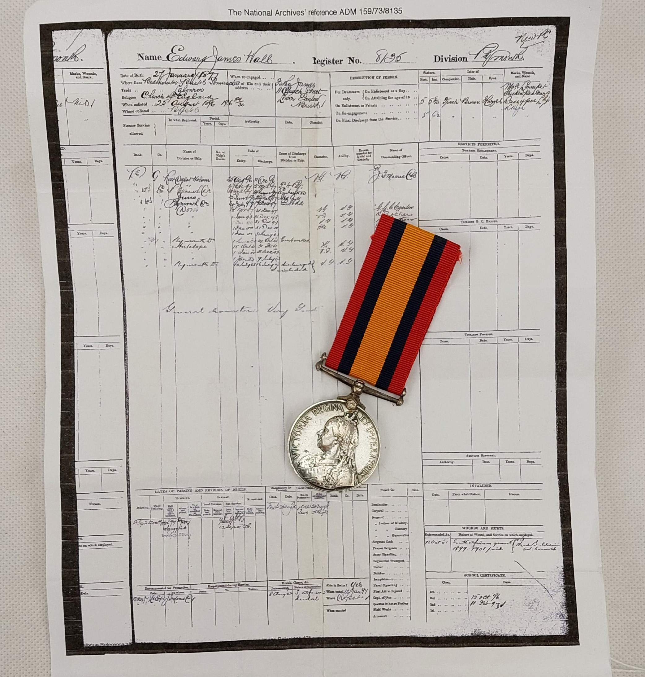 Queens South Africa Medal Private E J Wall HMS Doris RMLI Royal Marines Light Infantry