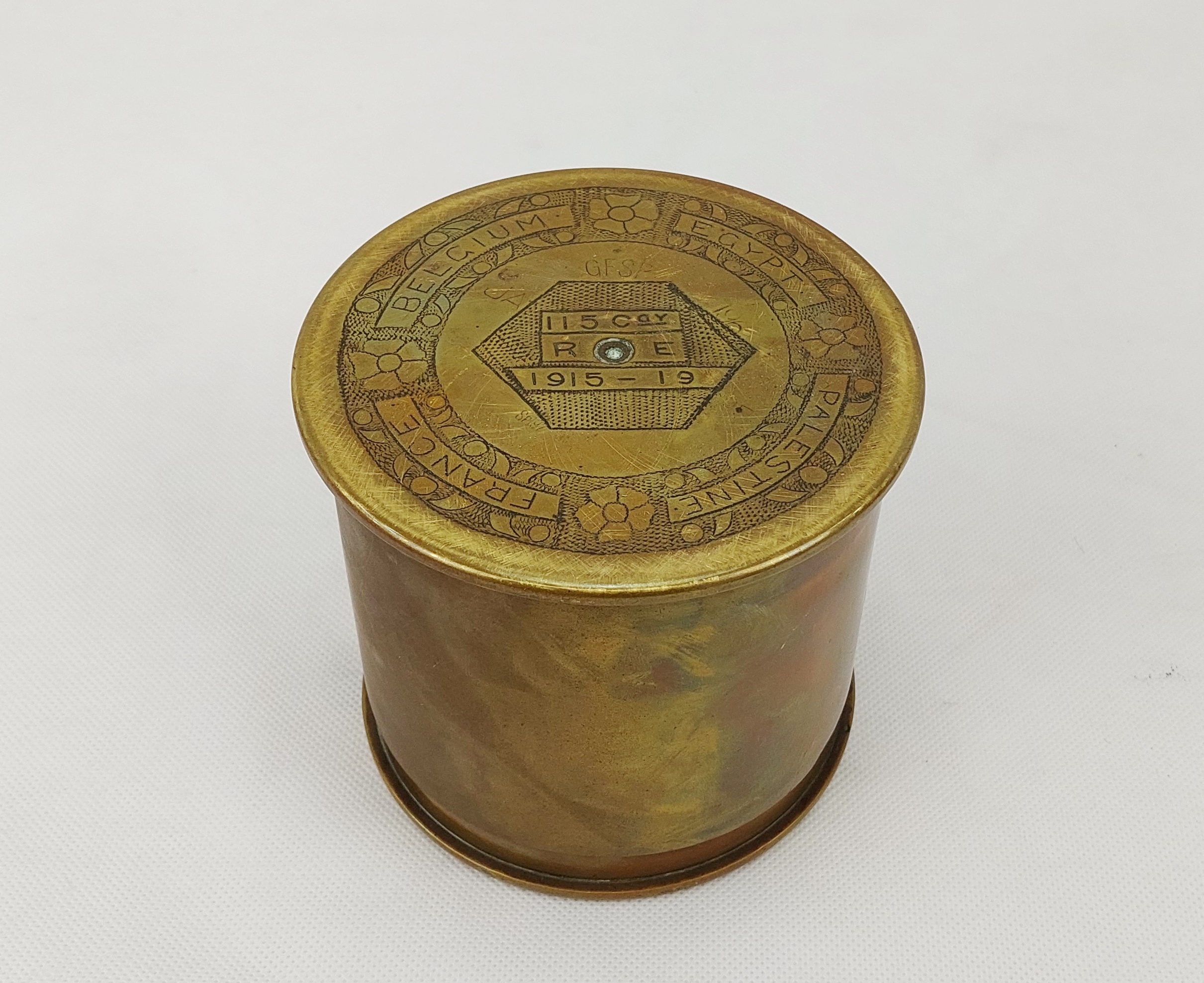 1915 1919 Royal Engineers France Belgium Egypt Palestine Brass Trench Art Tobacco Jar
