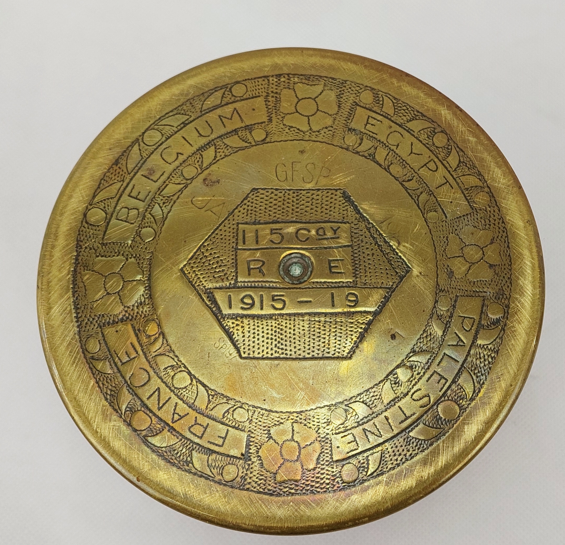 1915 1919 Royal Engineers France Belgium Egypt Palestine Brass Trench Art Tobacco Jar - Image 2