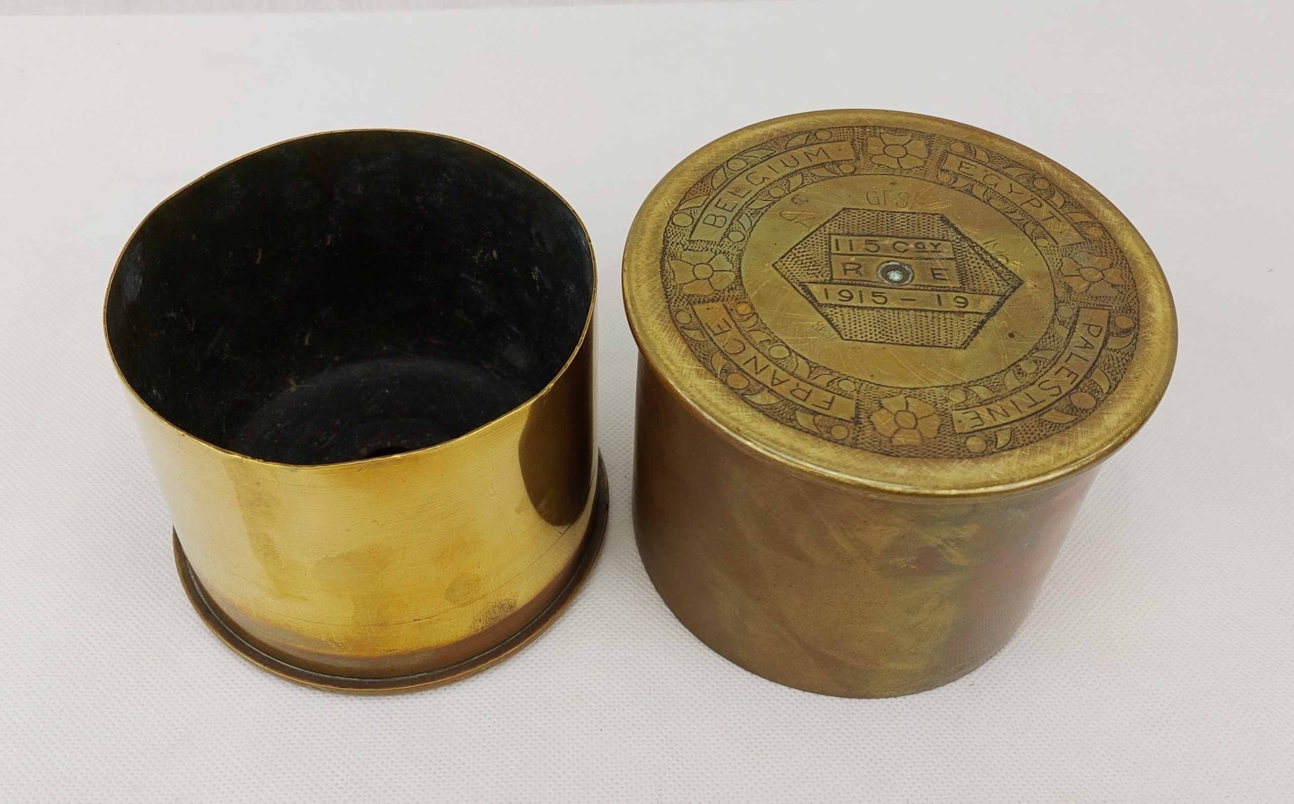1915 1919 Royal Engineers France Belgium Egypt Palestine Brass Trench Art Tobacco Jar - Image 3