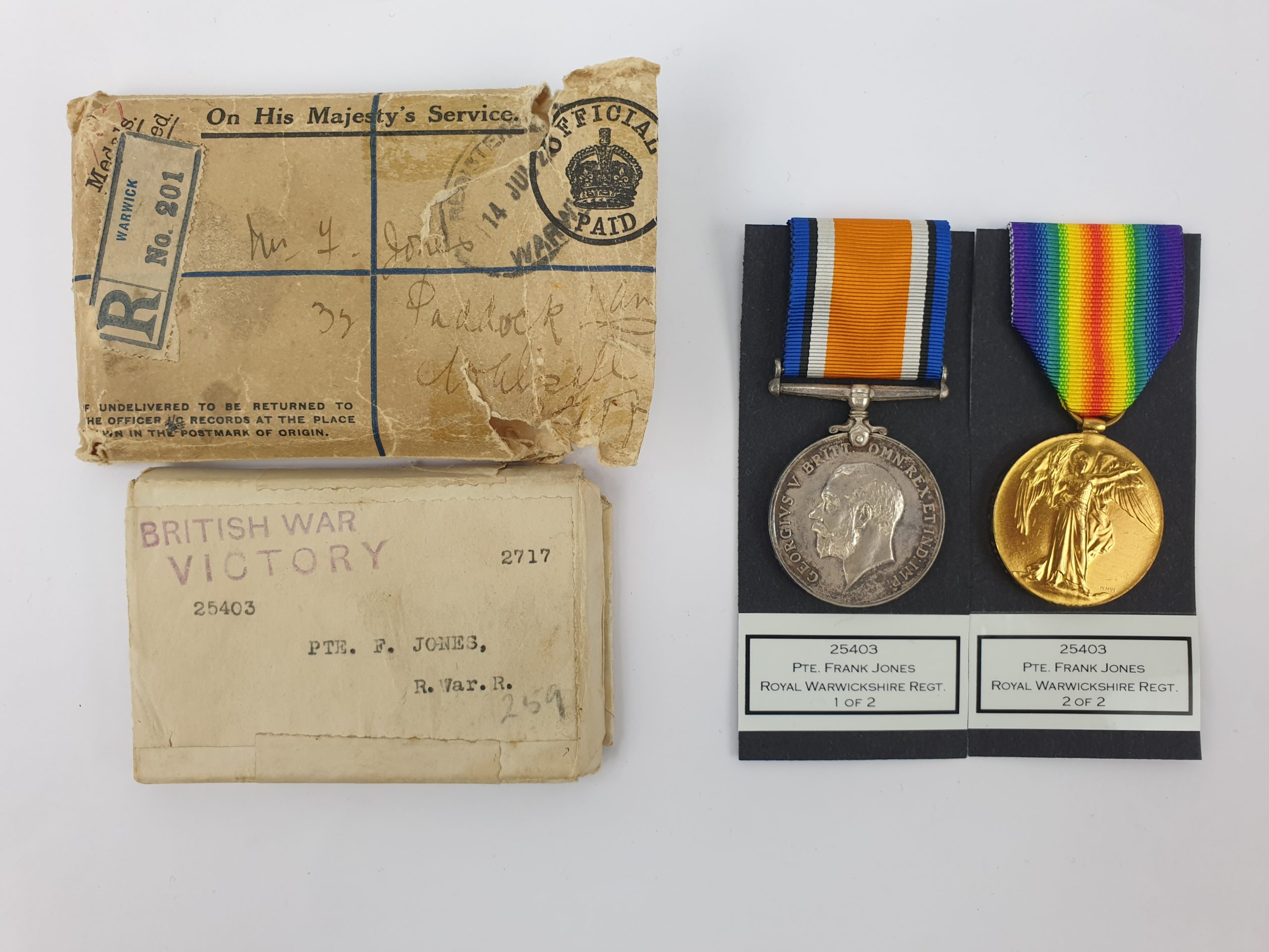 WW1 Medal Duo Awarded to 25403 Pte. Frank Jones Royal Warwickshire Regt. and Box
