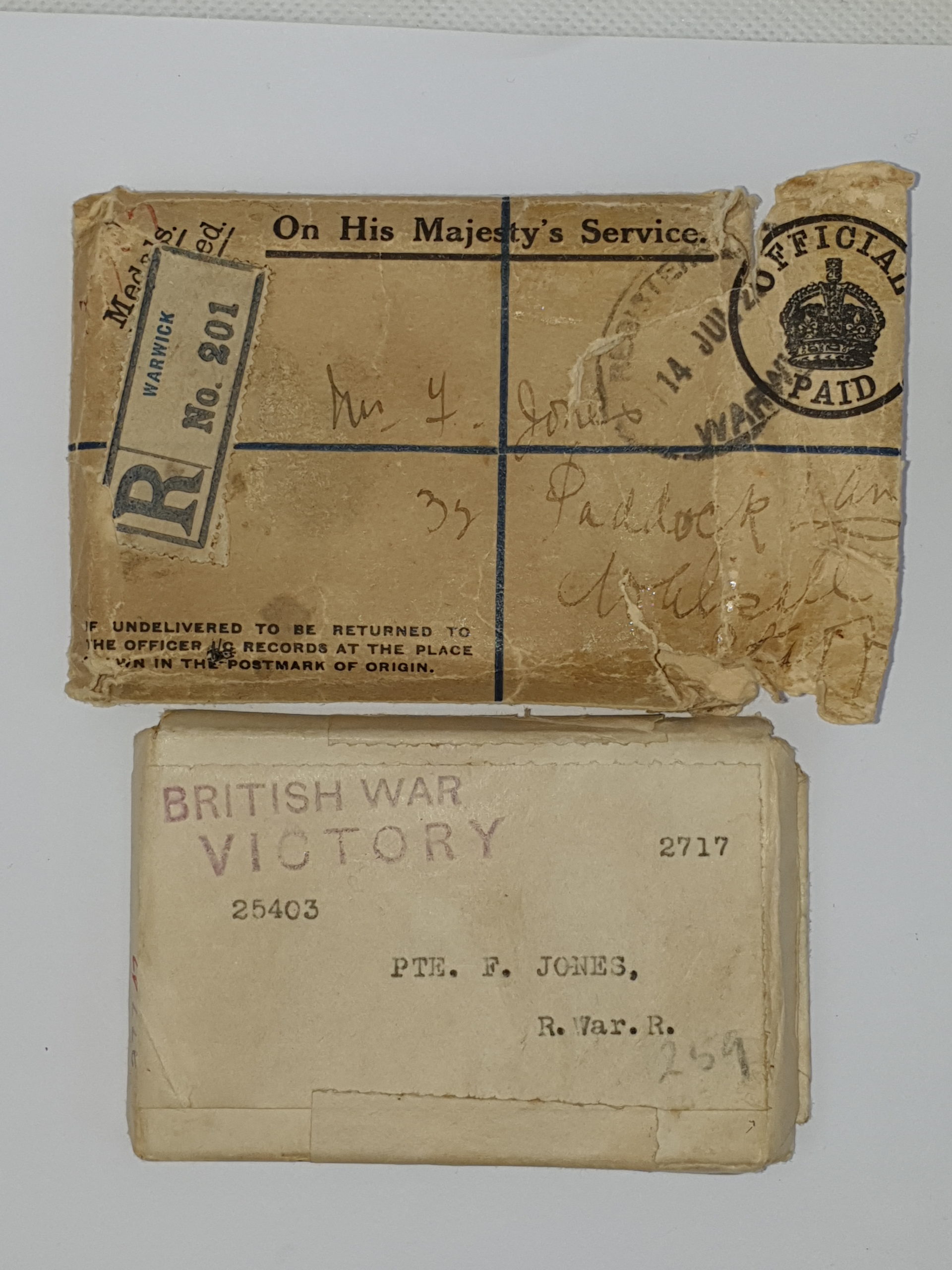WW1 Medal Duo Awarded to 25403 Pte. Frank Jones Royal Warwickshire Regt. and Box - Image 3