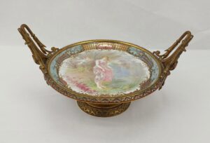Late 19th Century Porcelain Tazza Probably Serves Hand Painted By A Collot Of A Young Lady Fishing With Gilt Mounts