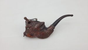 Vintage Carved Bulls Head Wood Pipe With Original Chain