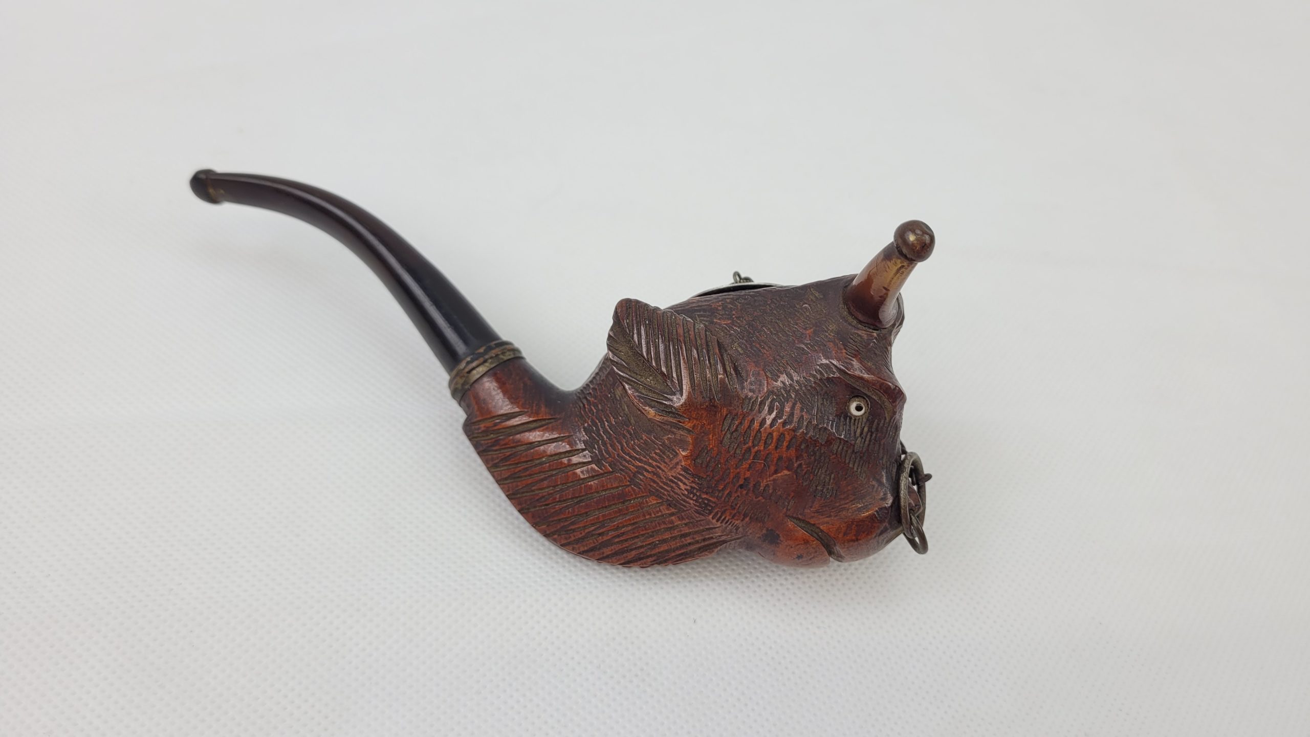 Vintage Carved Bulls Head Wood Pipe With Original Chain - Image 2