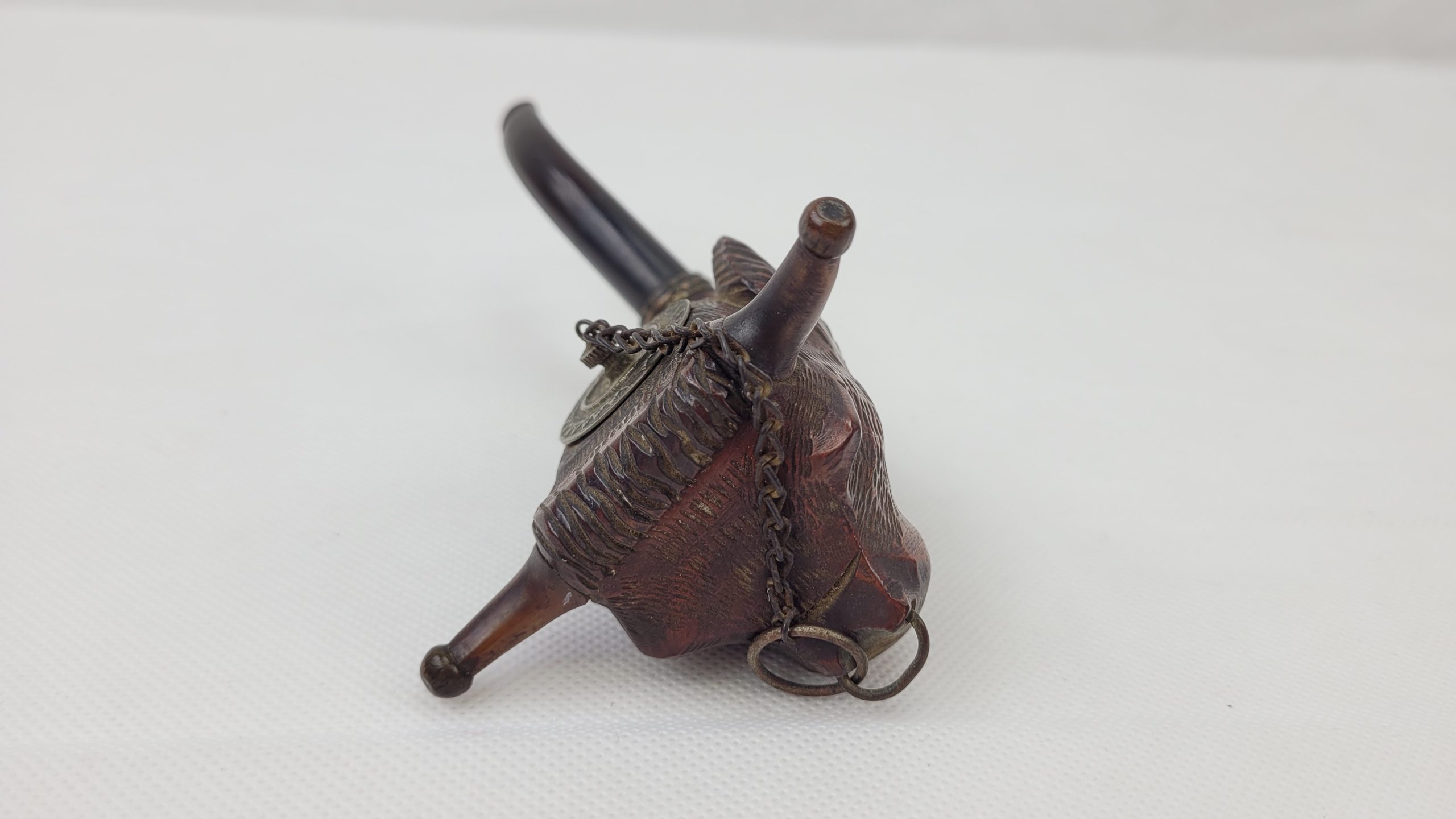 Vintage Carved Bulls Head Wood Pipe With Original Chain - Image 8