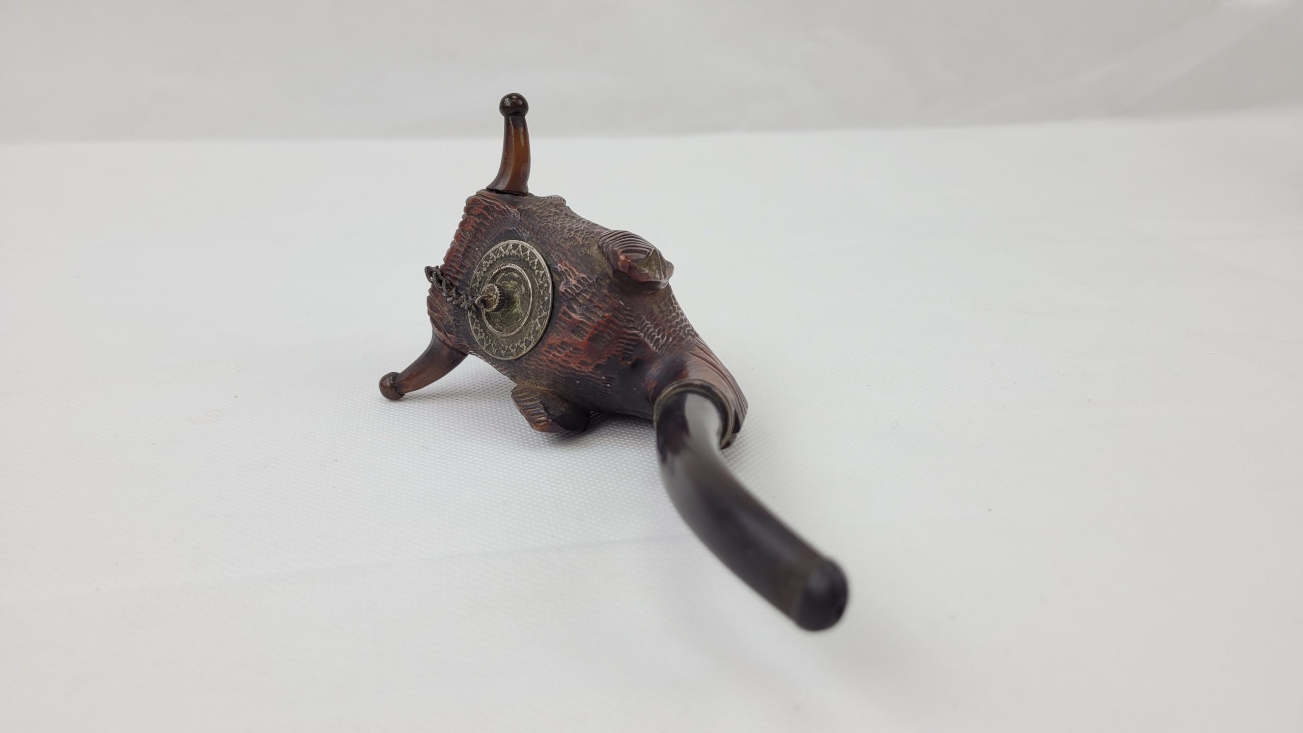 Vintage Carved Bulls Head Wood Pipe With Original Chain - Image 5