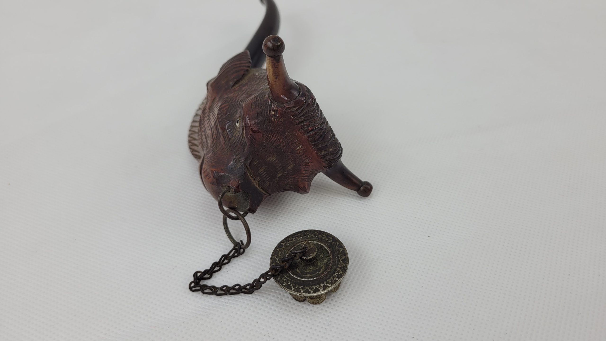 Vintage Carved Bulls Head Wood Pipe With Original Chain - Image 6