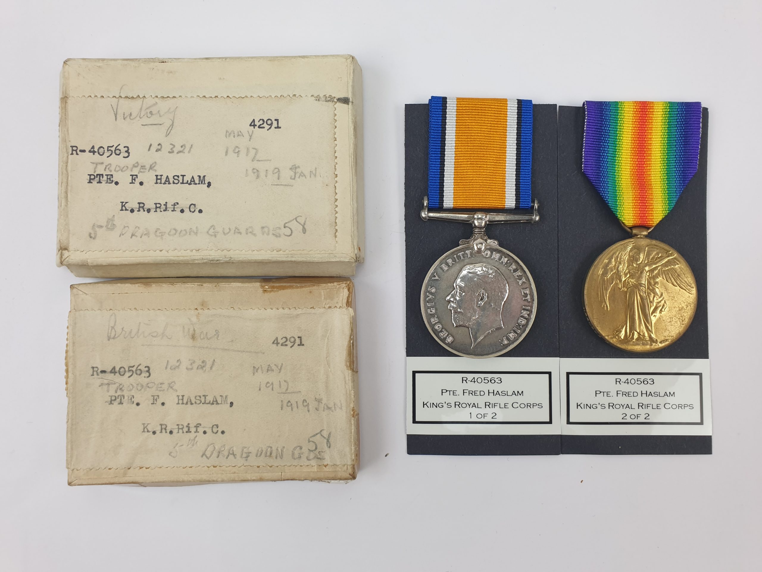 WW1 Medal Duo and Box to R-40563 Pte. Fred Haslam King's Royal Rifle Corps