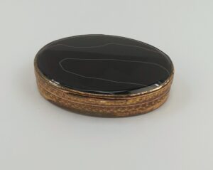 19th Century Banded Agate And Papier Mache Snuff Box With Mother Of Pearl Inlay*