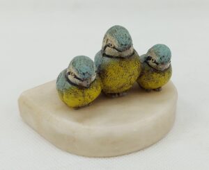 Beautiful Early 20th Century Cold Painted Bronze Group Of A Trio Of Blue Tits On A White Soapstone Base*