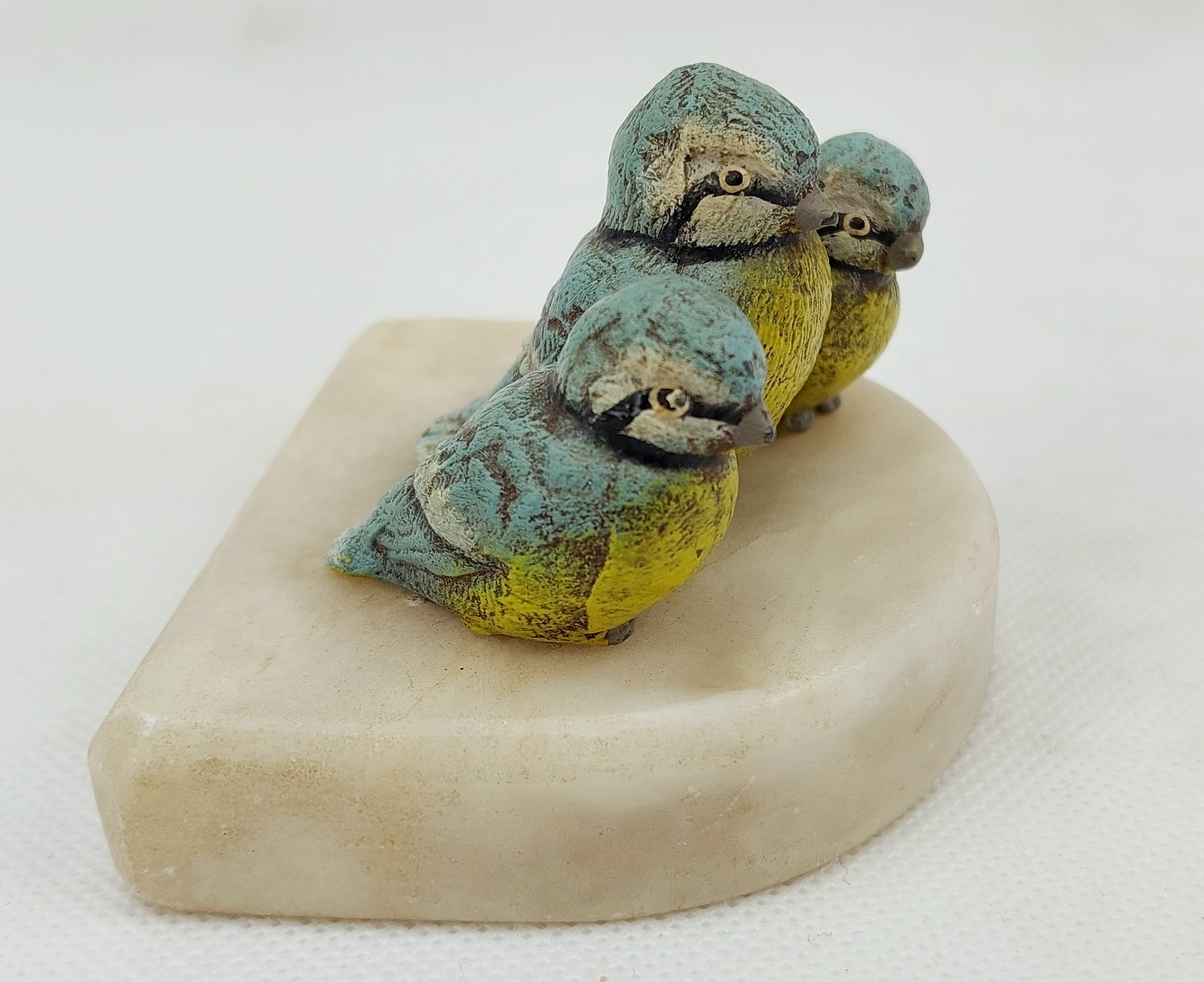 Beautiful Early 20th Century Cold Painted Bronze Group Of A Trio Of Blue Tits On A White Soapstone Base* - Image 6