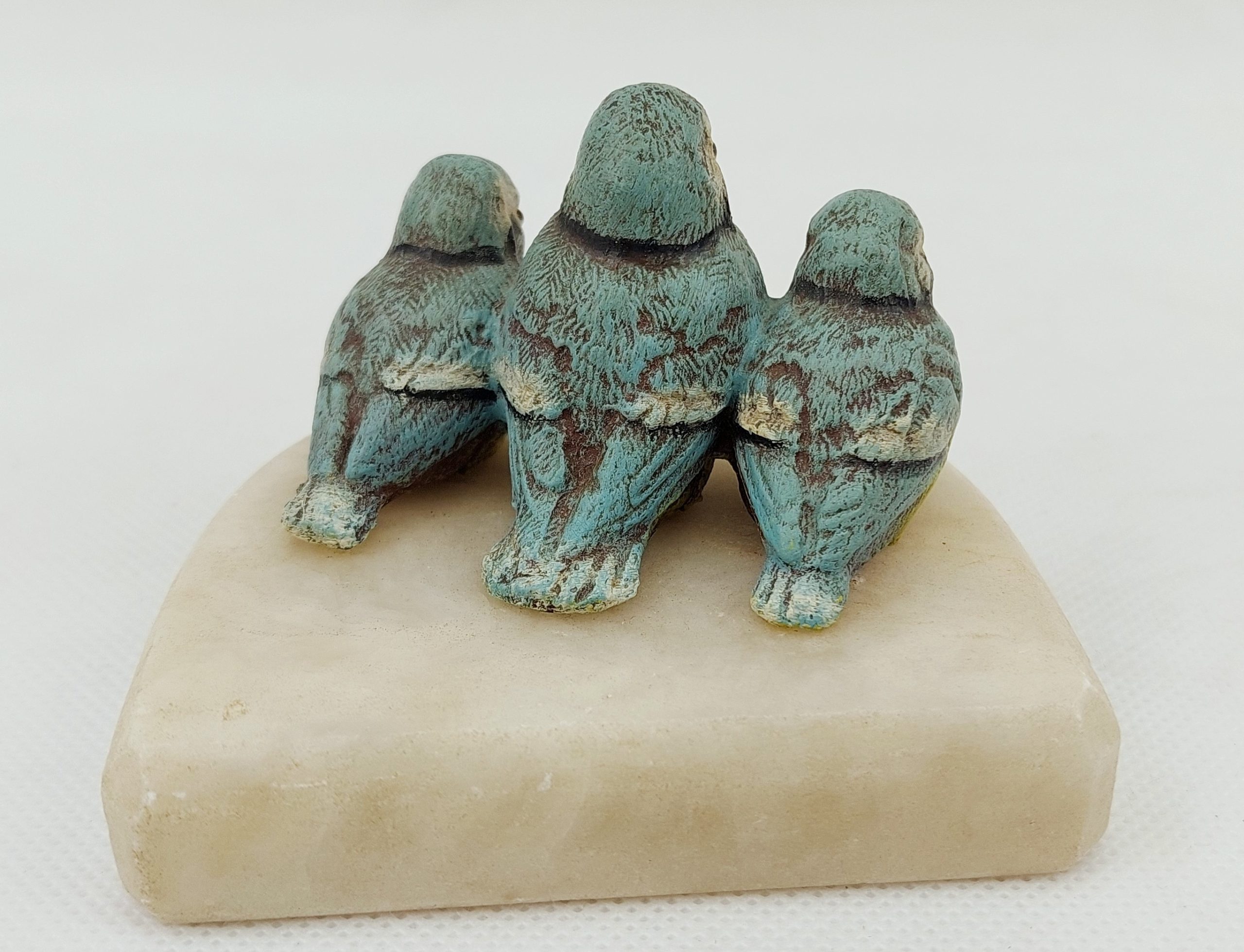 Beautiful Early 20th Century Cold Painted Bronze Group Of A Trio Of Blue Tits On A White Soapstone Base* - Image 5