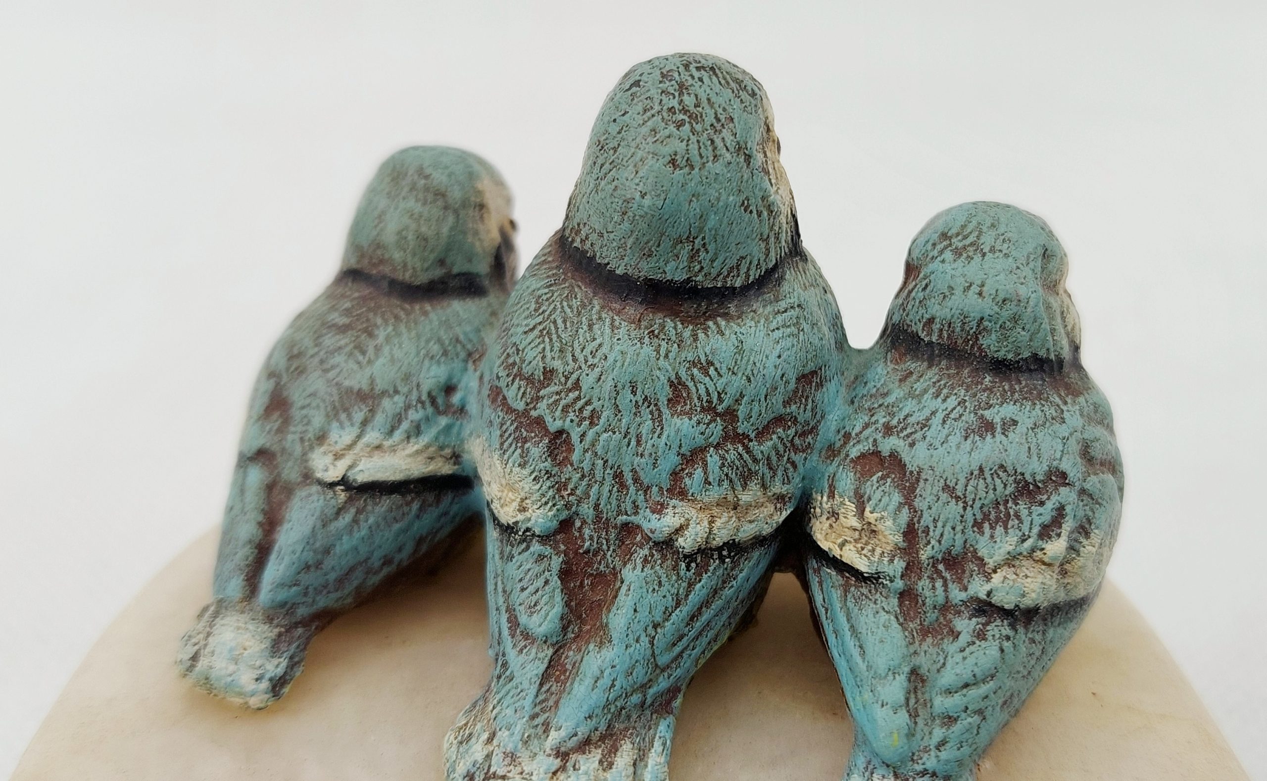 Beautiful Early 20th Century Cold Painted Bronze Group Of A Trio Of Blue Tits On A White Soapstone Base* - Image 4