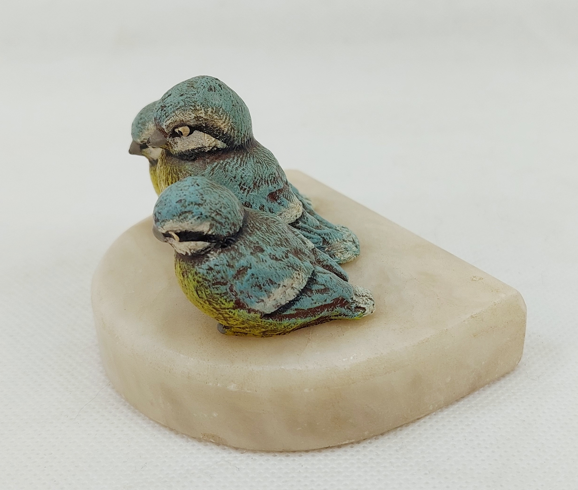 Beautiful Early 20th Century Cold Painted Bronze Group Of A Trio Of Blue Tits On A White Soapstone Base* - Image 3