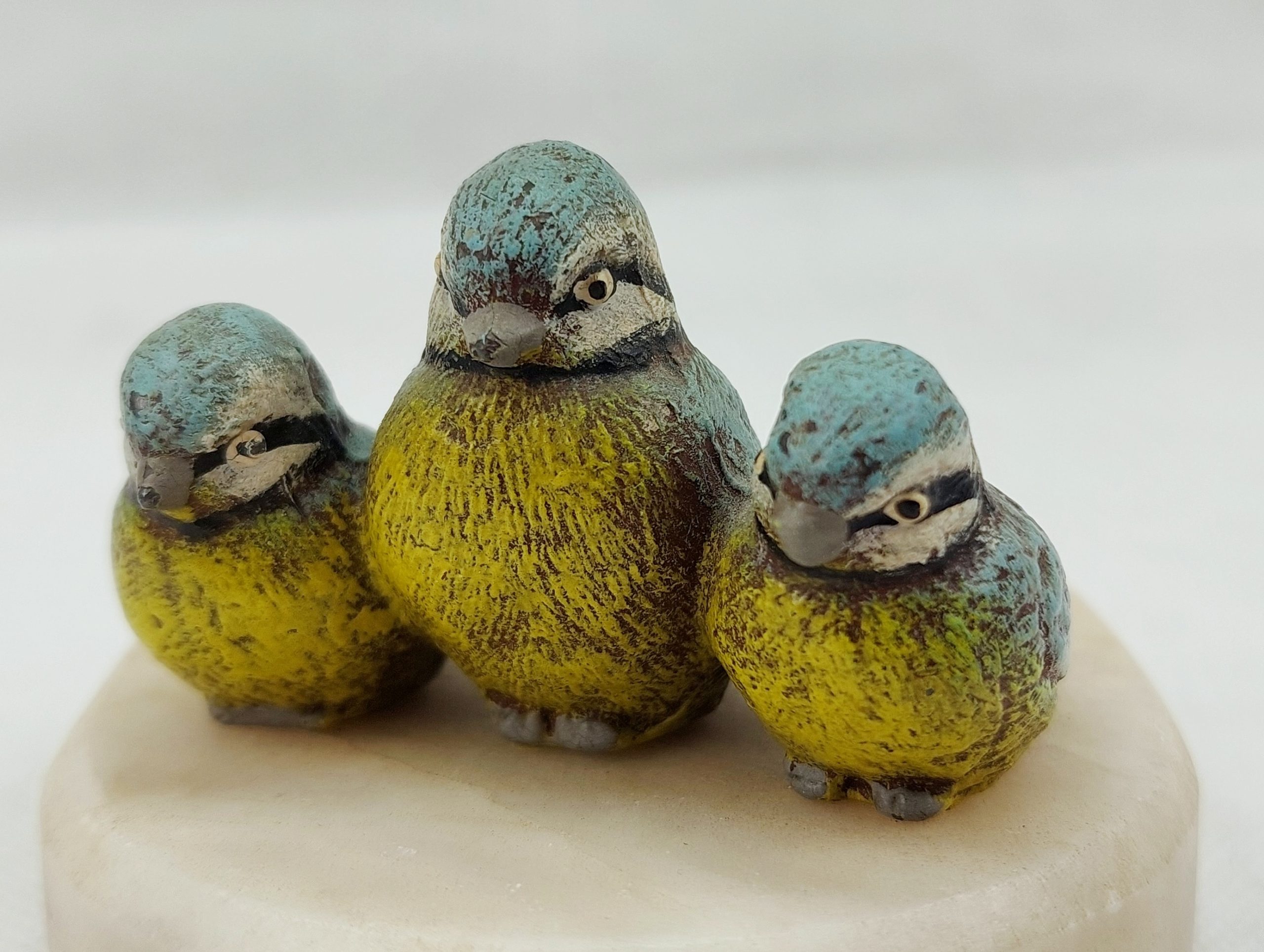 Beautiful Early 20th Century Cold Painted Bronze Group Of A Trio Of Blue Tits On A White Soapstone Base* - Image 2