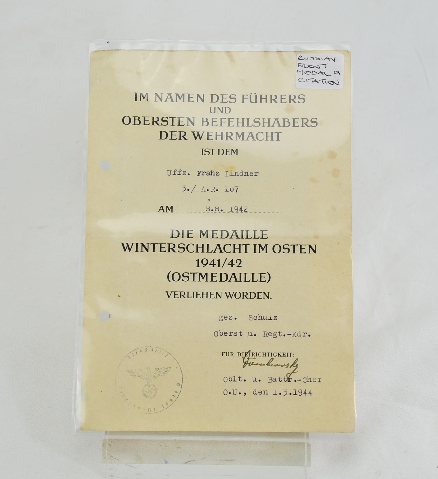 WW2 Nazi Eastern Front Medal and Citation - Image 5
