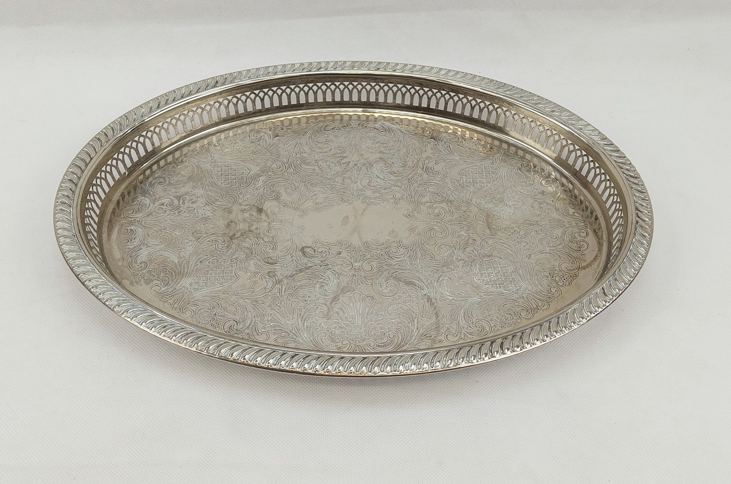 Handsome Large Silver Plated Tray By JMR With Scrollwork And Pierced Sides*