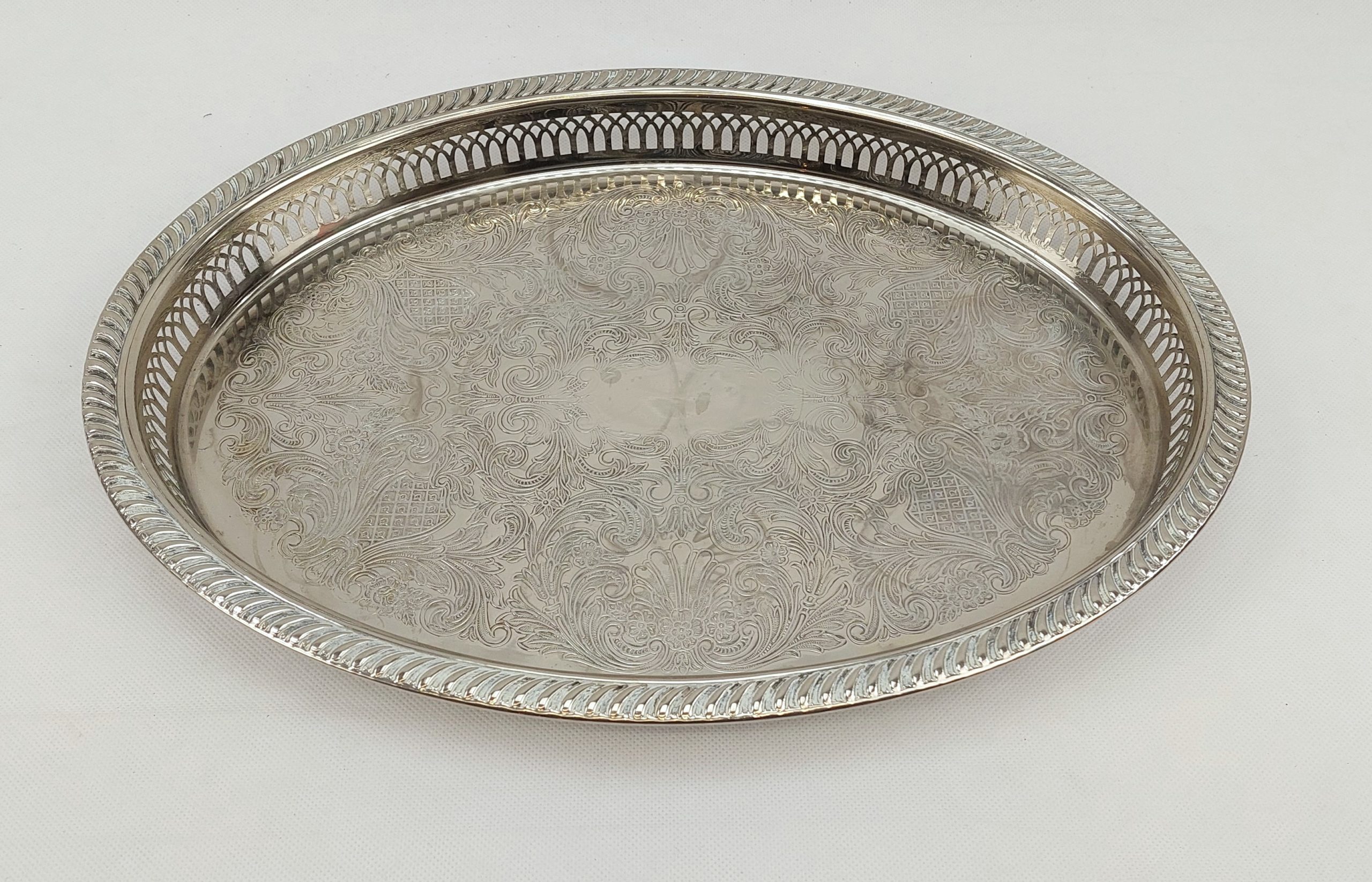 Handsome Large Silver Plated Tray By JMR With Scrollwork And Pierced Sides* - Image 2