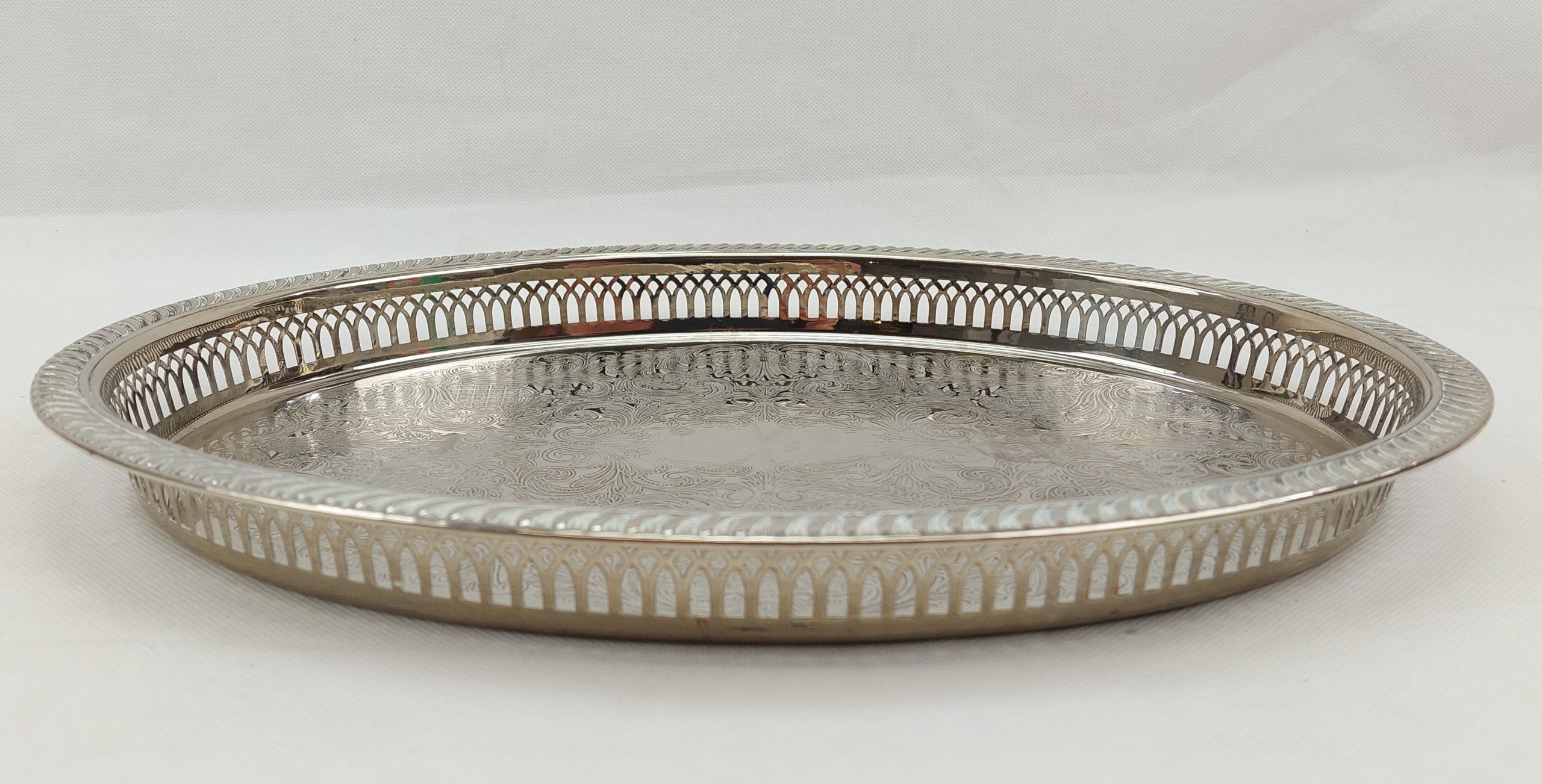 Handsome Large Silver Plated Tray By JMR With Scrollwork And Pierced Sides* - Image 3