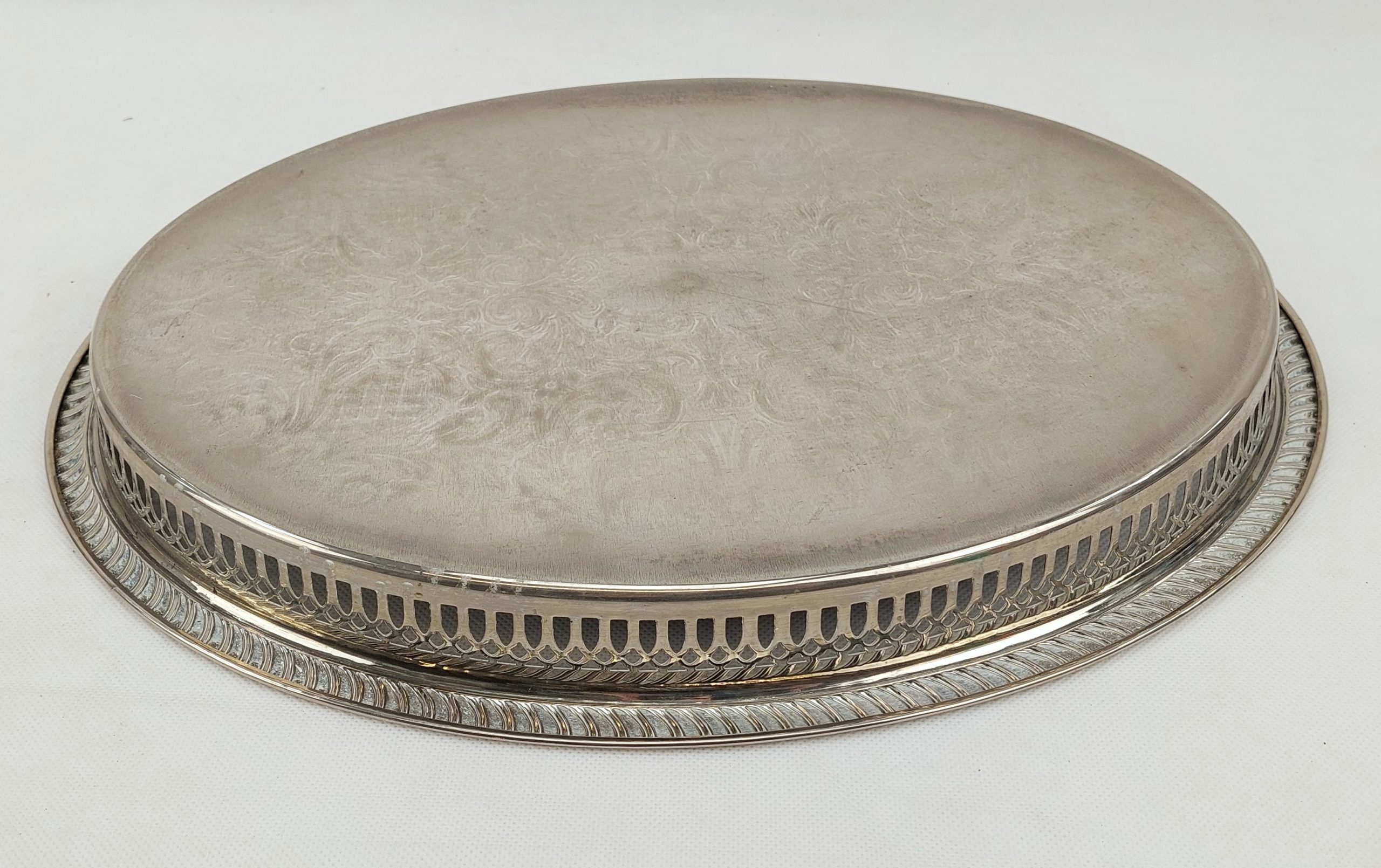 Handsome Large Silver Plated Tray By JMR With Scrollwork And Pierced Sides* - Image 8