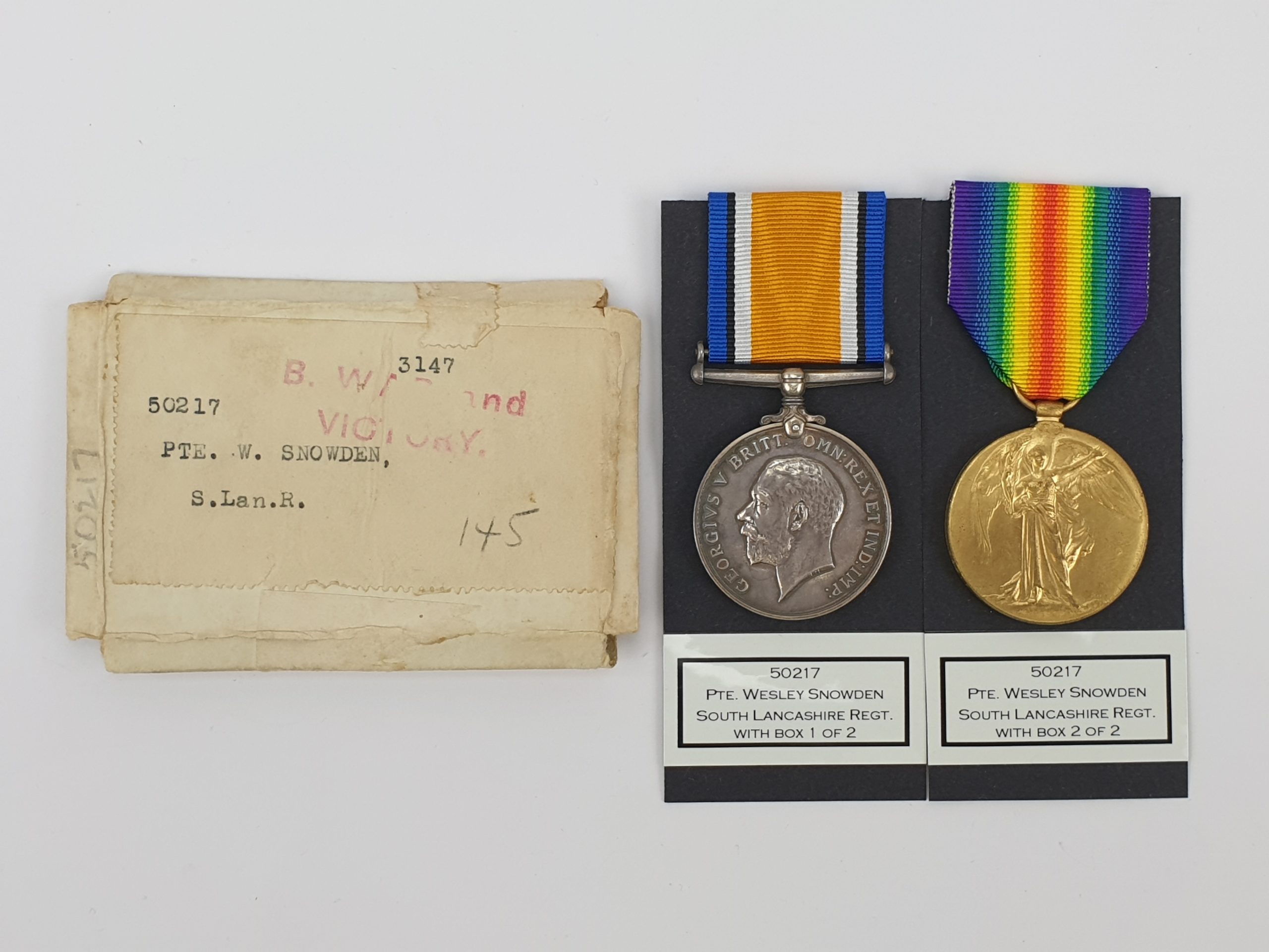 WW1 Medal Pair to 50217 Pte. Wesley Snowden South Lancashire Regiment