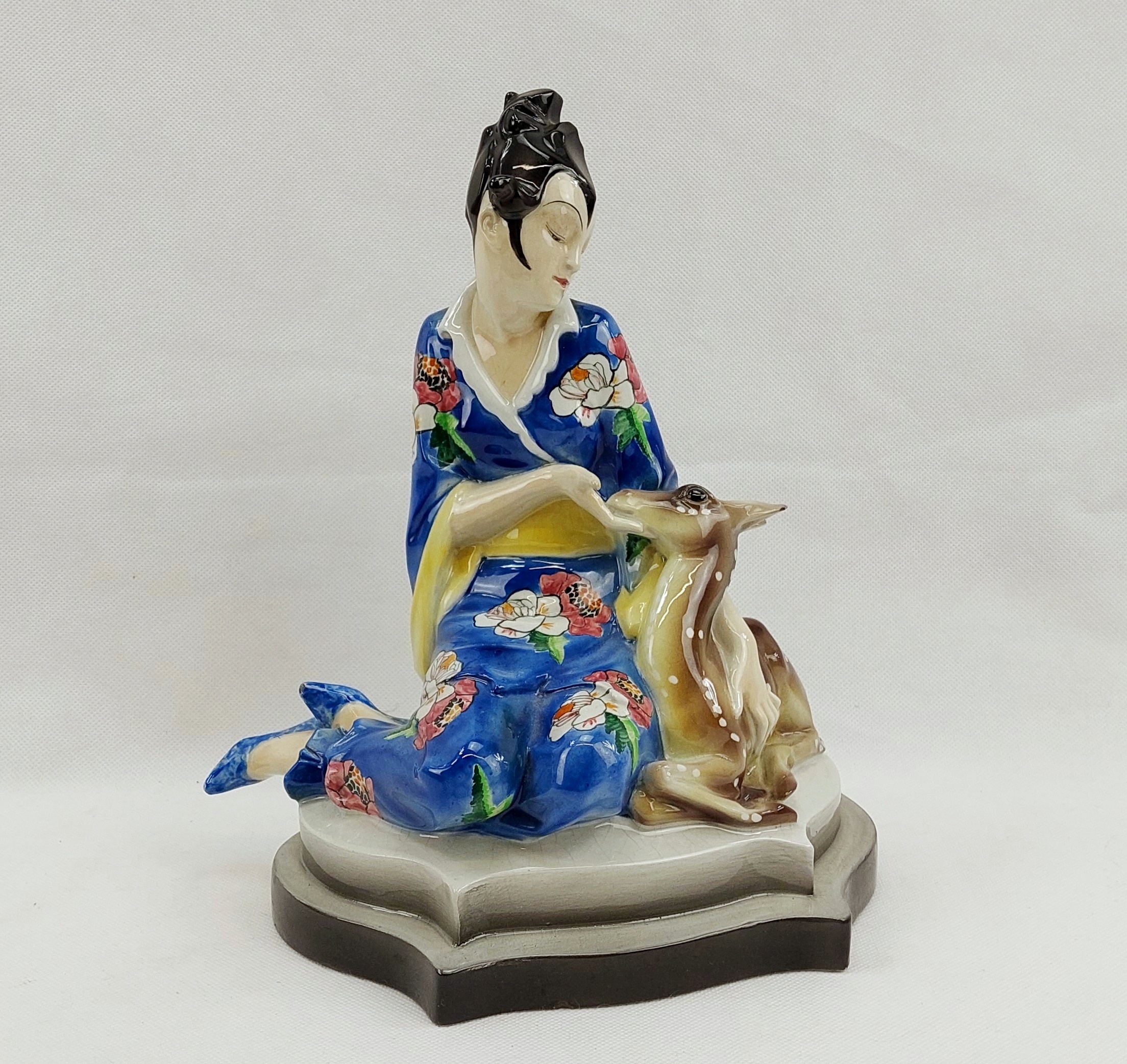 Circa 1928 Goldscheider Art Deco Figure Of A Japanese Lady With Attendant Fawn