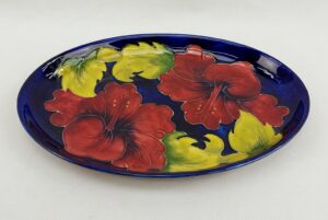 Circa 1950 Moorcroft Hibiscus Pattern Shallow Oval Bowl