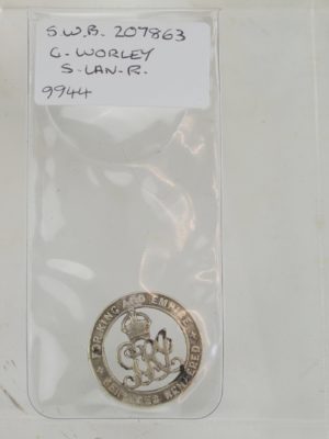 WW1 British Silver War Wound Badge service number 207863
