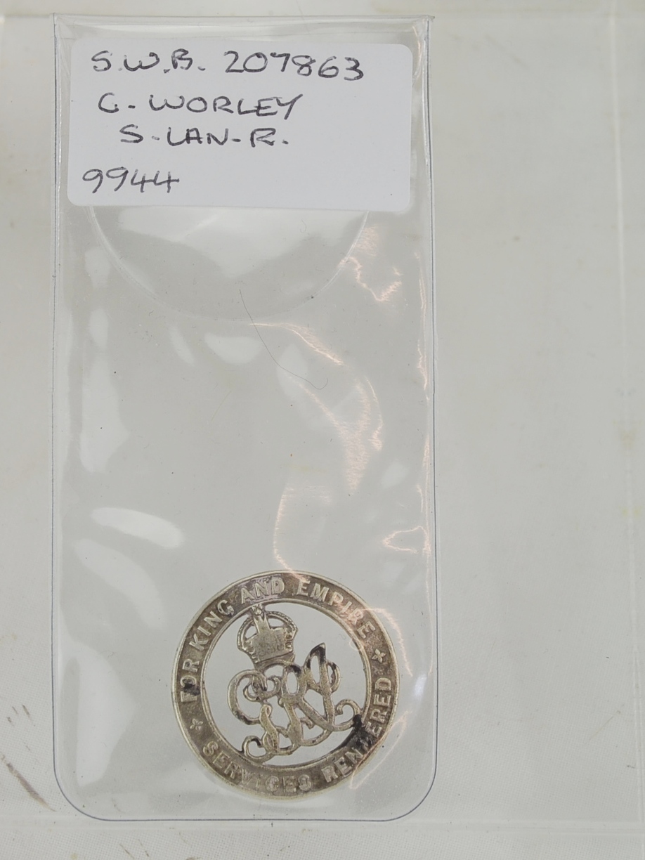 WW1 British Silver War Wound Badge service number 207863