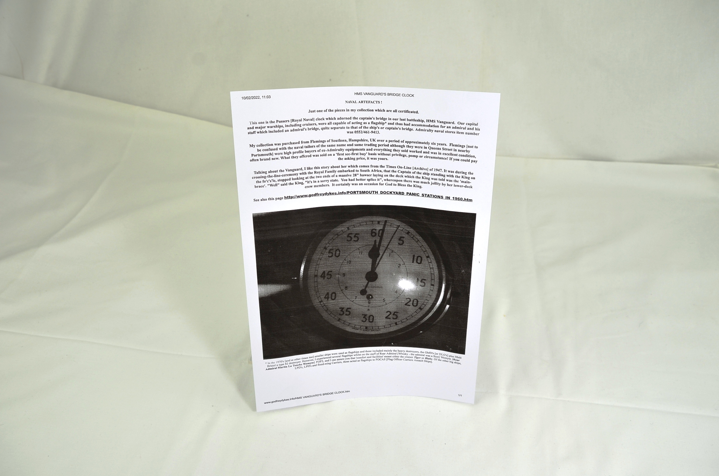 HMS Vanguards Original Captains Bridge Clock - Image 2