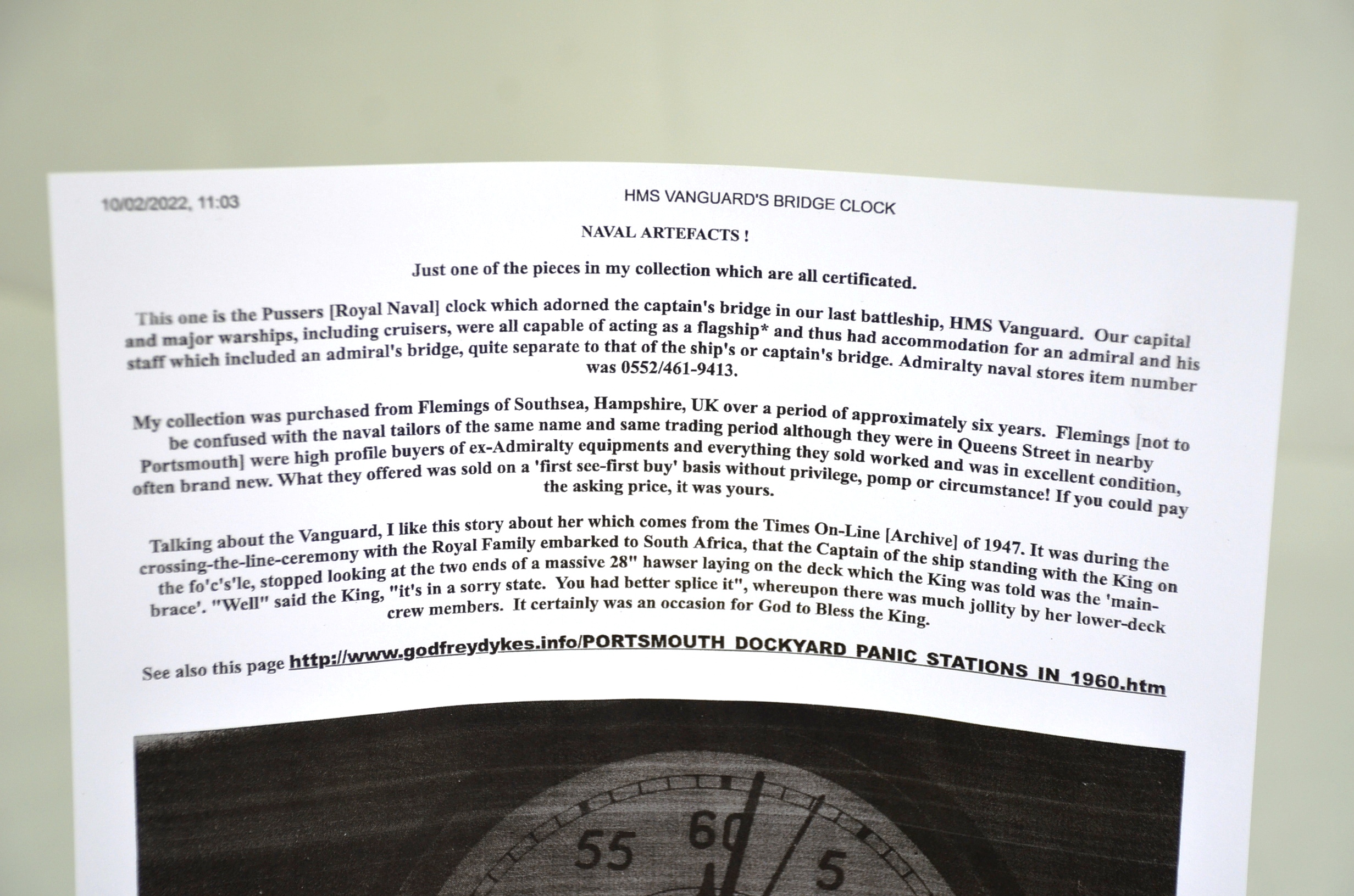 HMS Vanguards Original Captains Bridge Clock - Image 3