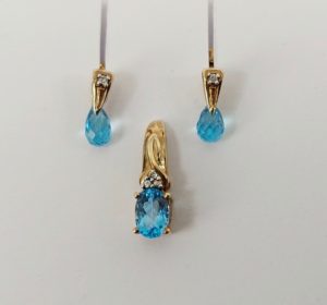 9ct Yellow Gold Diamond & Blue Topaz Earrings & Pendant Set