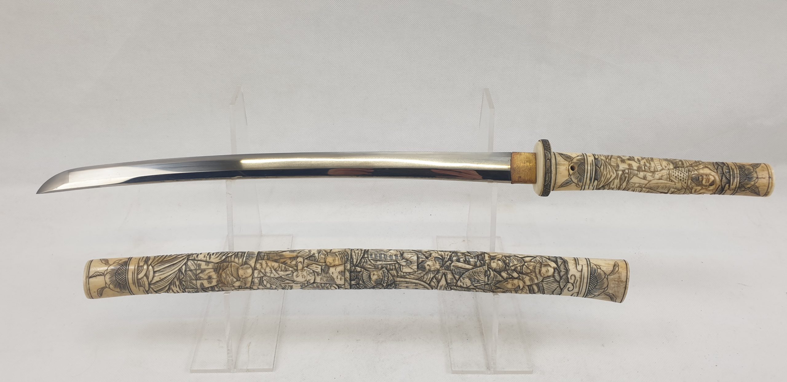 Japanese Signed Wakizashi Sword with Carved Bone Fittings