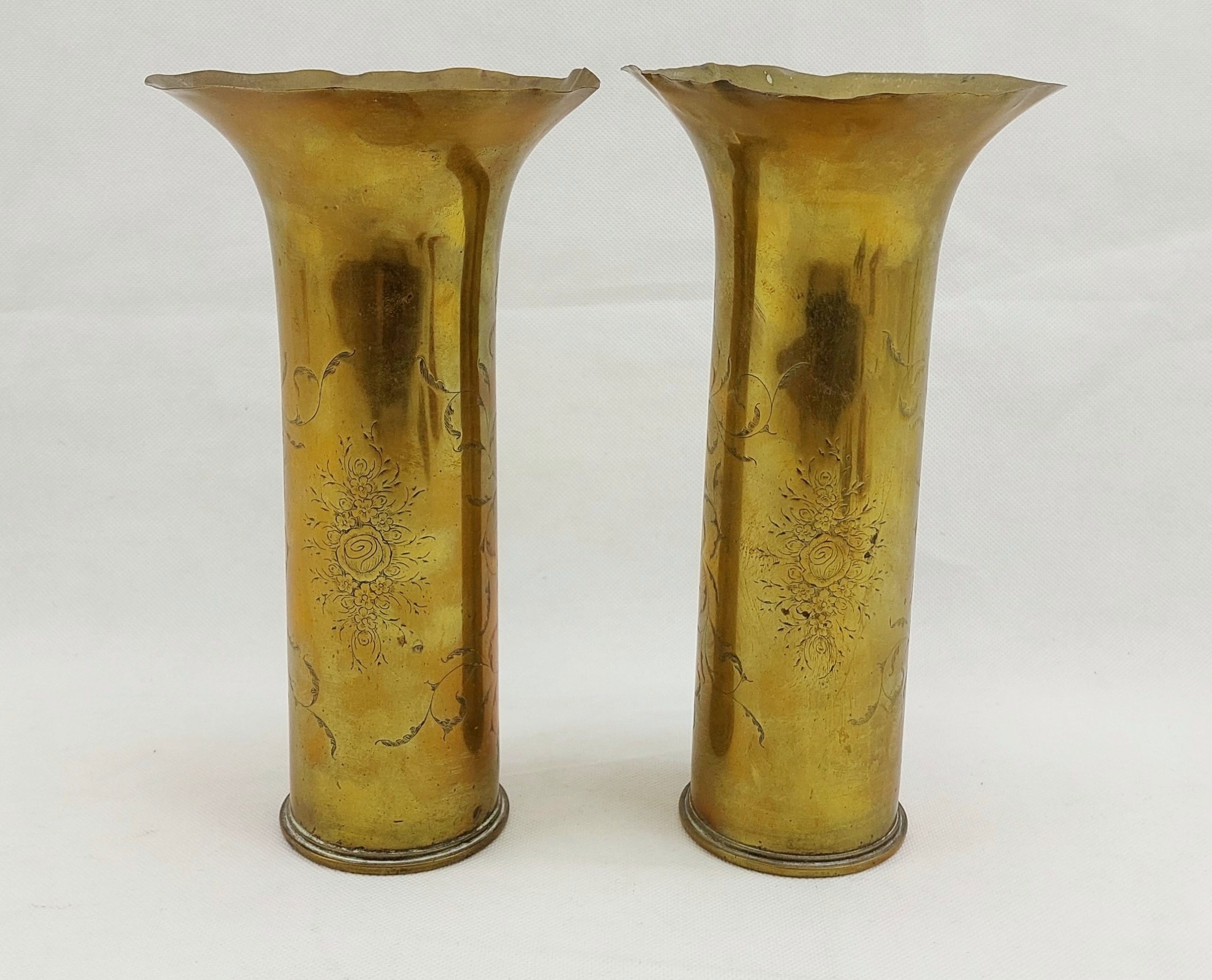 Pair Of WW1 Trench Art Shell Case Vases With Rose Cartouche Panels And Flared Rims*