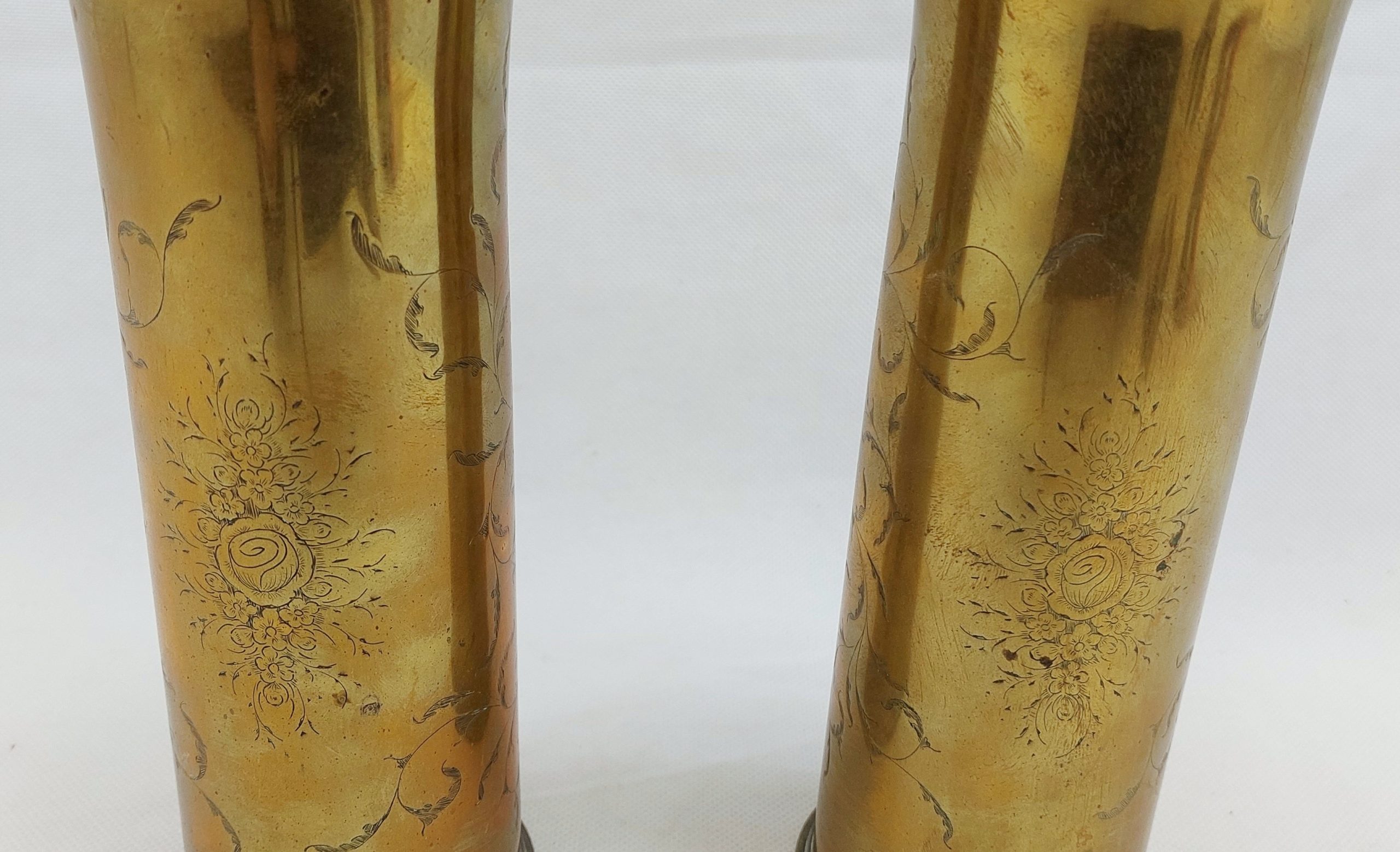 Pair Of WW1 Trench Art Shell Case Vases With Rose Cartouche Panels And Flared Rims* - Image 6