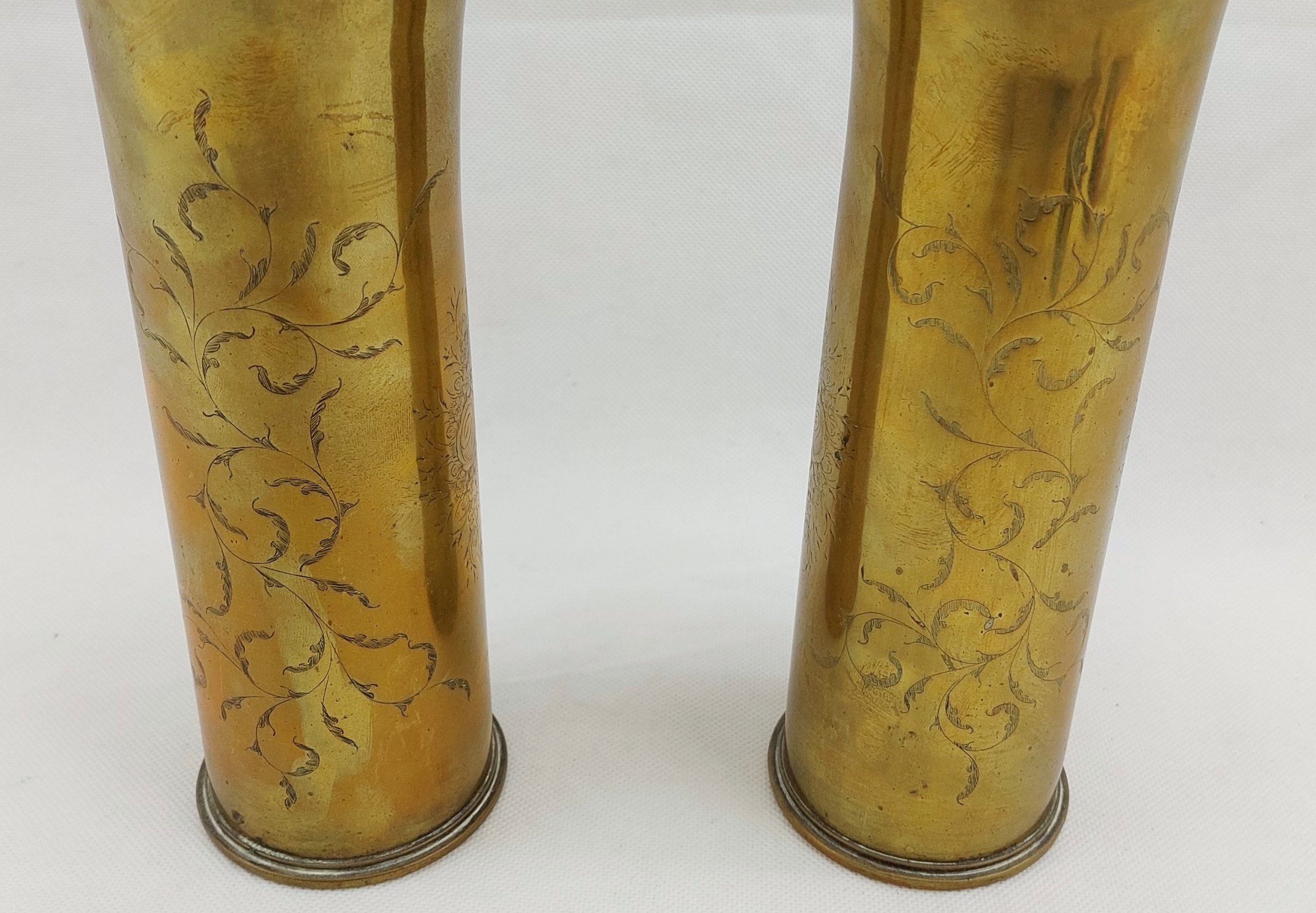 Pair Of WW1 Trench Art Shell Case Vases With Rose Cartouche Panels And Flared Rims* - Image 5