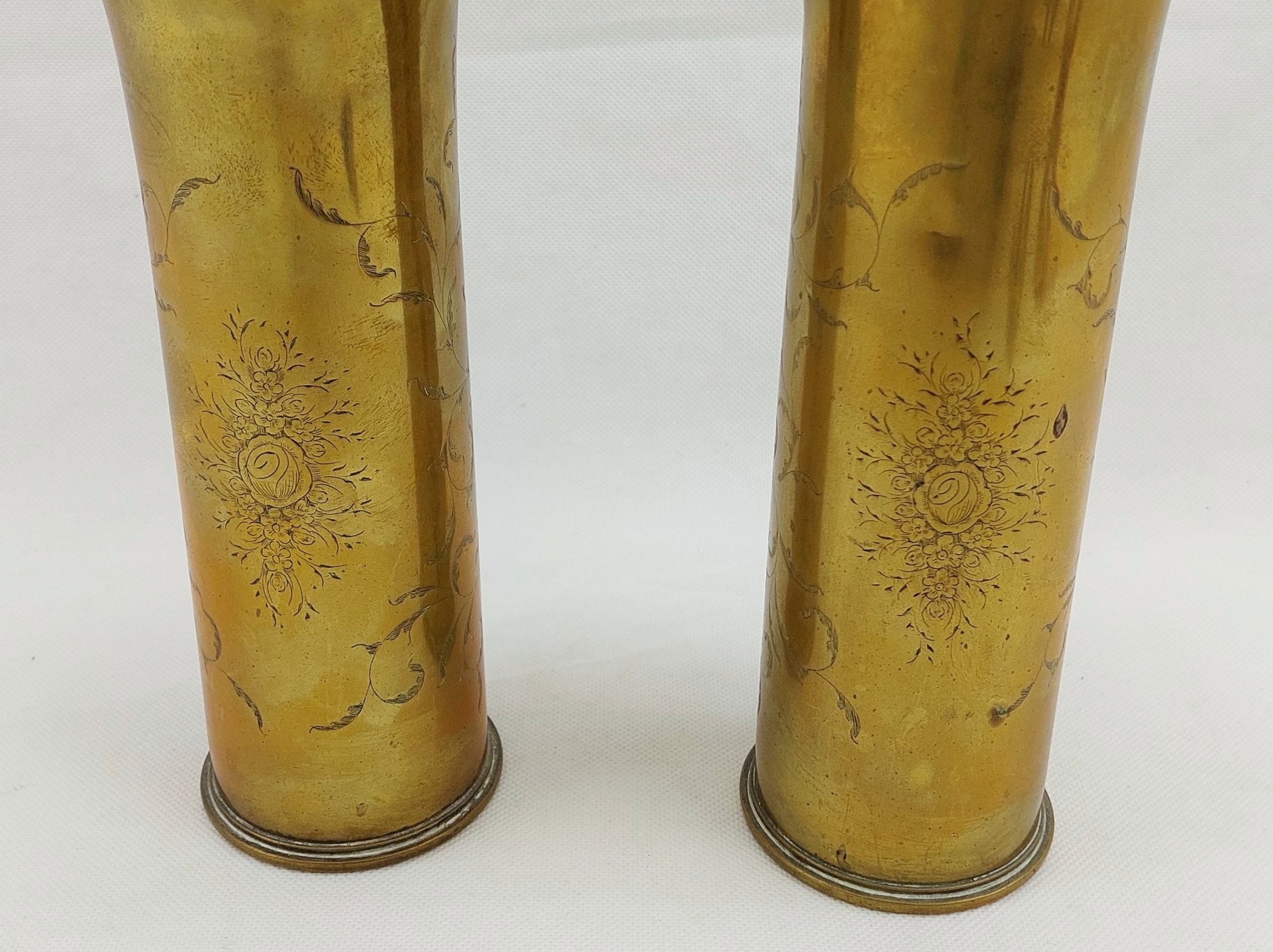 Pair Of WW1 Trench Art Shell Case Vases With Rose Cartouche Panels And Flared Rims* - Image 4