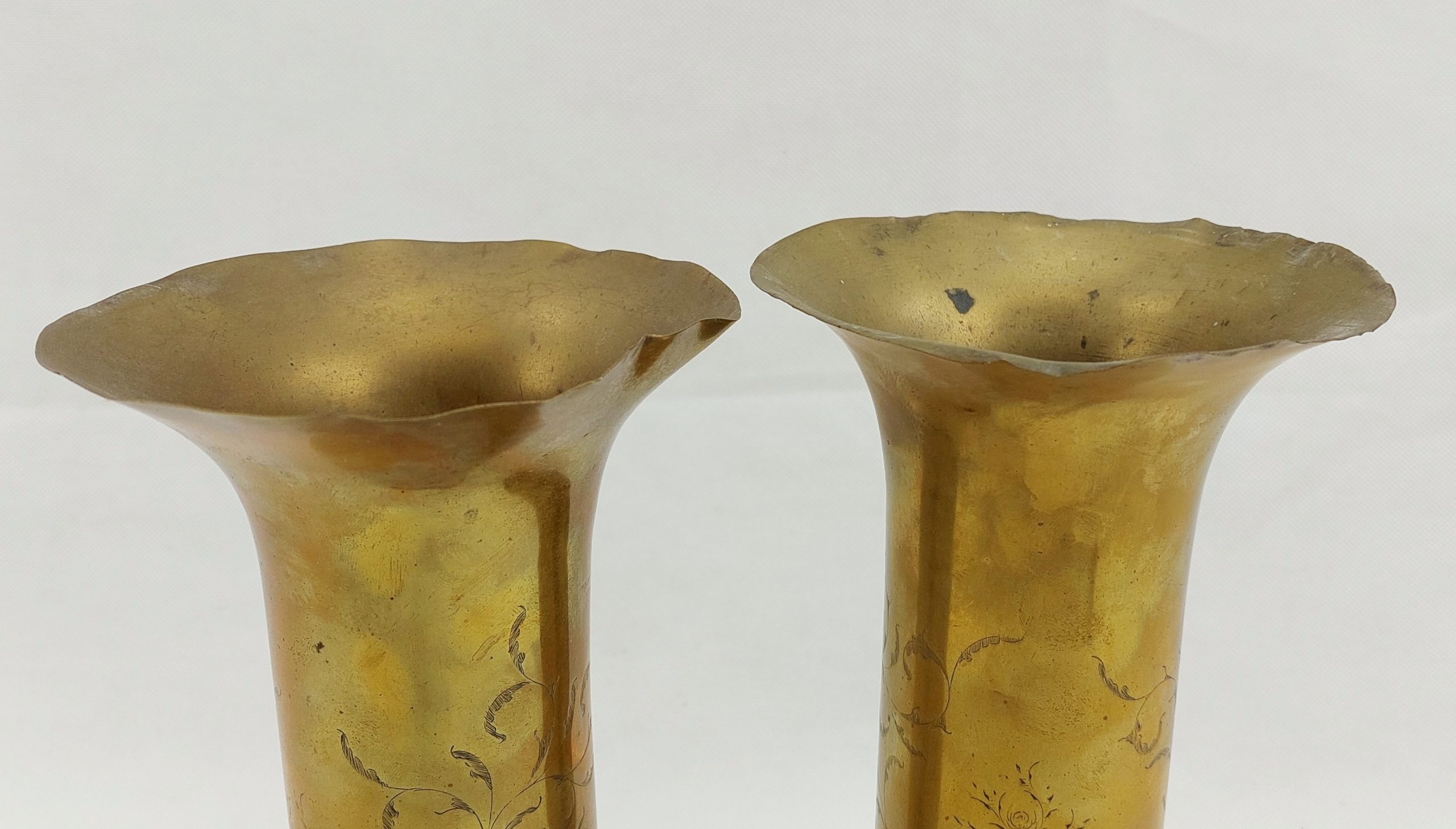 Pair Of WW1 Trench Art Shell Case Vases With Rose Cartouche Panels And Flared Rims* - Image 3
