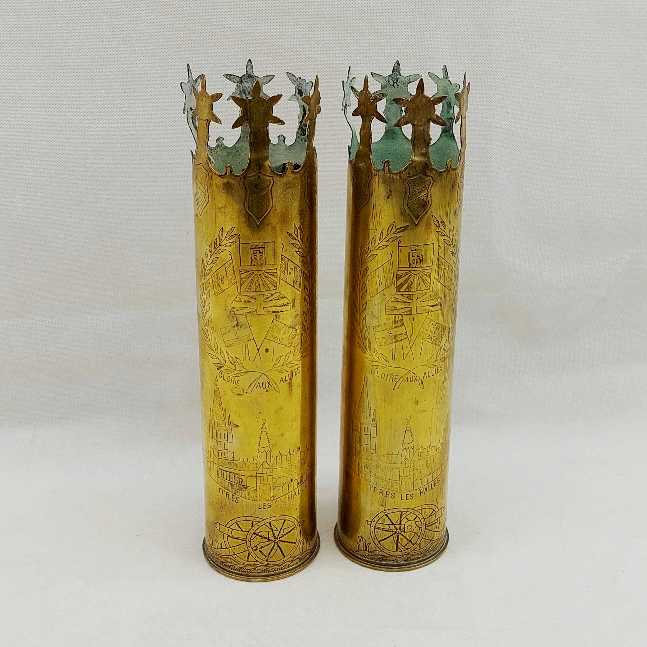 WW1 75mm Trench Art Ypres Shell Case Pair*